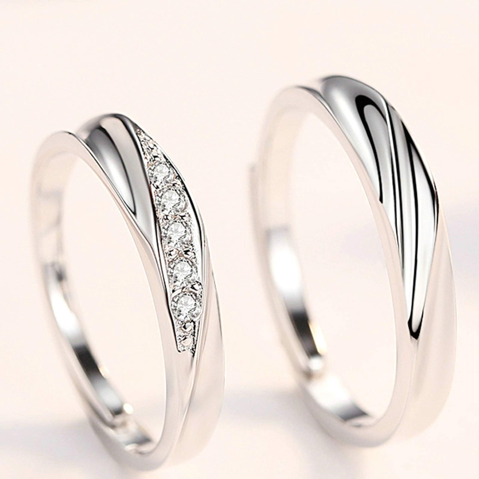 Beydodo Sterling Silver Matching Couple Rings Set with Cubic Zirconia - Adjustable Wedding Bands for Him & Her - Perfect for Anniversaries, Engagements and Romantic Gifts