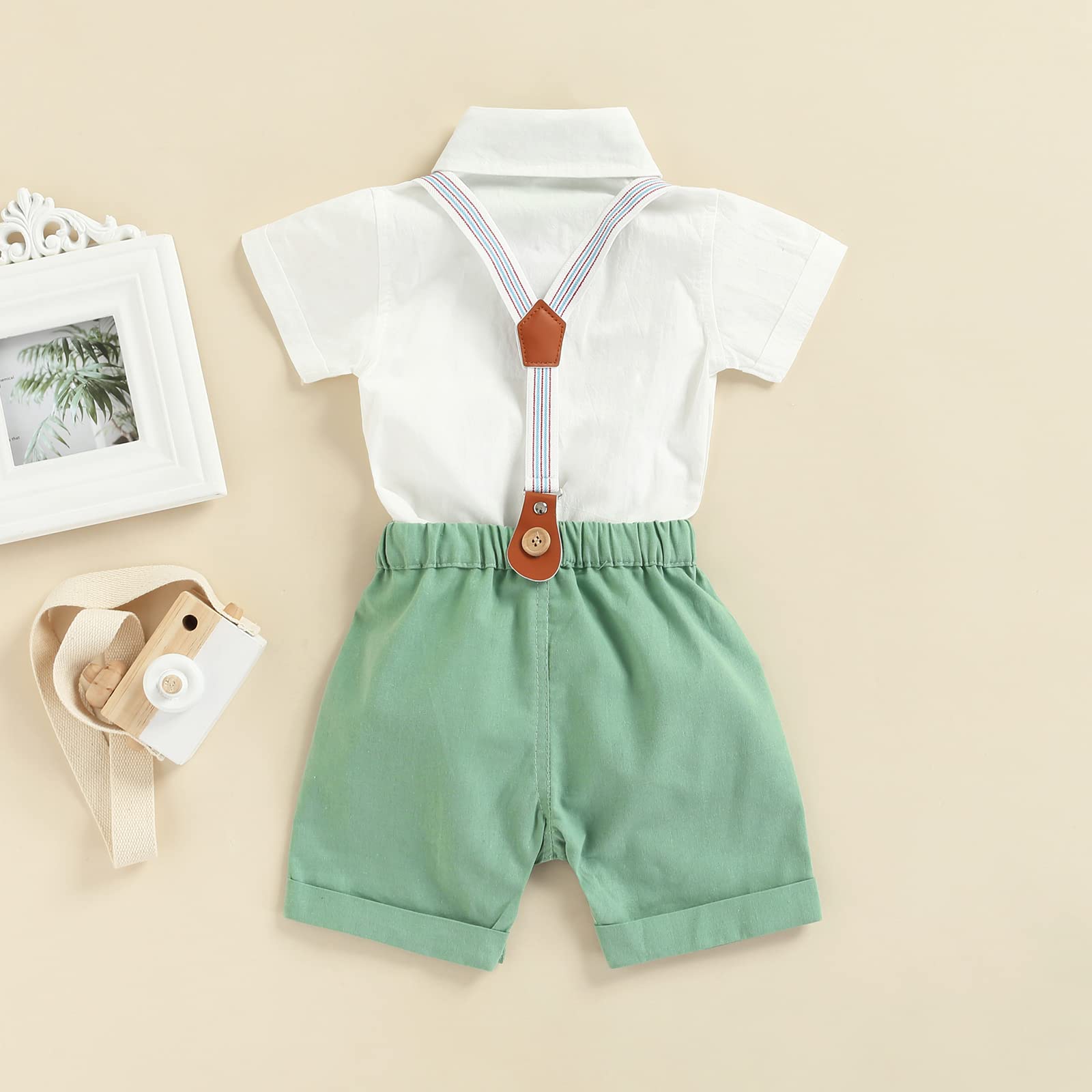 Qiylii Baby Boys Short Sleeve Bowtie Button-Up Bodysuit with Suspenders & Shorts Set - Cute Summer Outfit for Infants 0-24 Months - Perfect for Photoshoots, Parties & Casual Wear