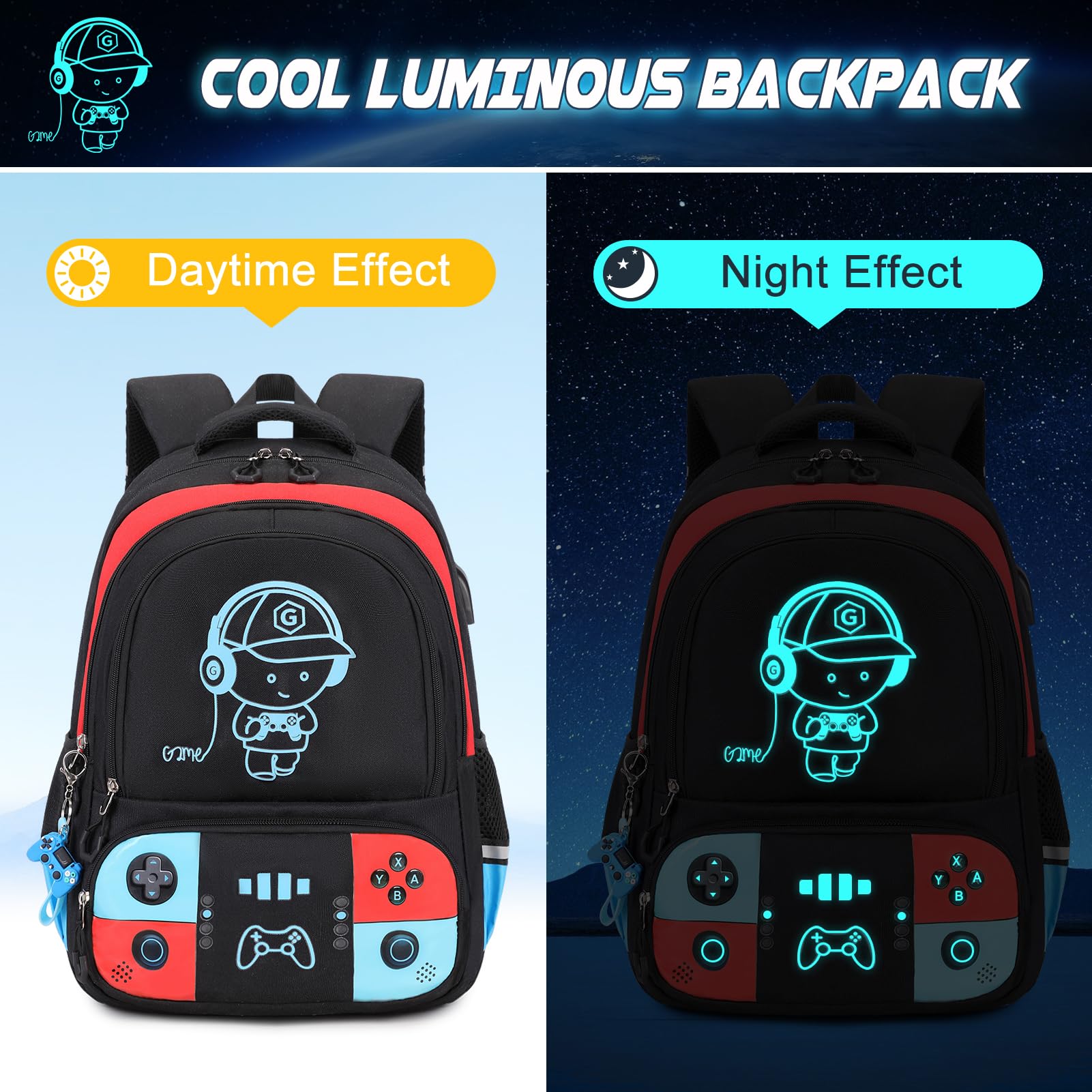 Bevalsa Luminous Gamer Backpack for Boys - Waterproof School Backpack with Lunch Box & Pencil Pouch Set - Perfect for School, Travel, and Gaming Conventions