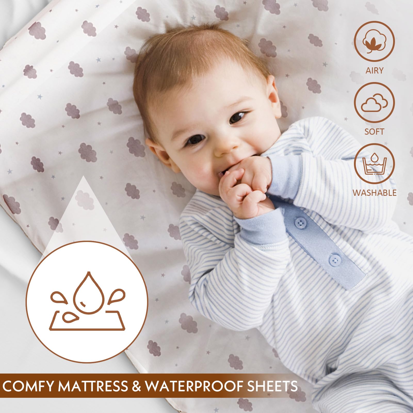 Portable Baby Bassinet with Waterproof Sheet - 3-in-1 Rocking Crib & Adjustable Bedside Sleeper for Newborns (6 Height Settings, Grey) - Perfect for Nursery, Bedroom & Travel Use