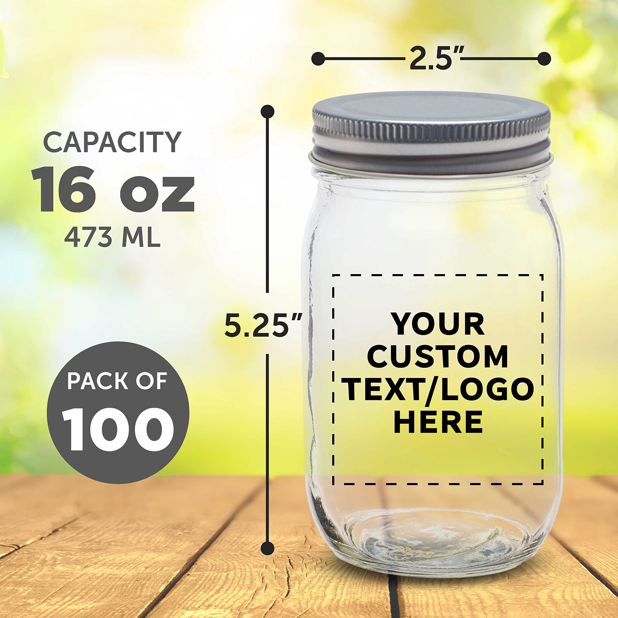 100-Pack 16oz Custom Mason Jars with Lids - Bulk Glass Jars for Overnight Oats, Candies, Pickles, Spices & Beverages - Personalized Storage Containers for Kitchen, Pantry & Gift Packaging
