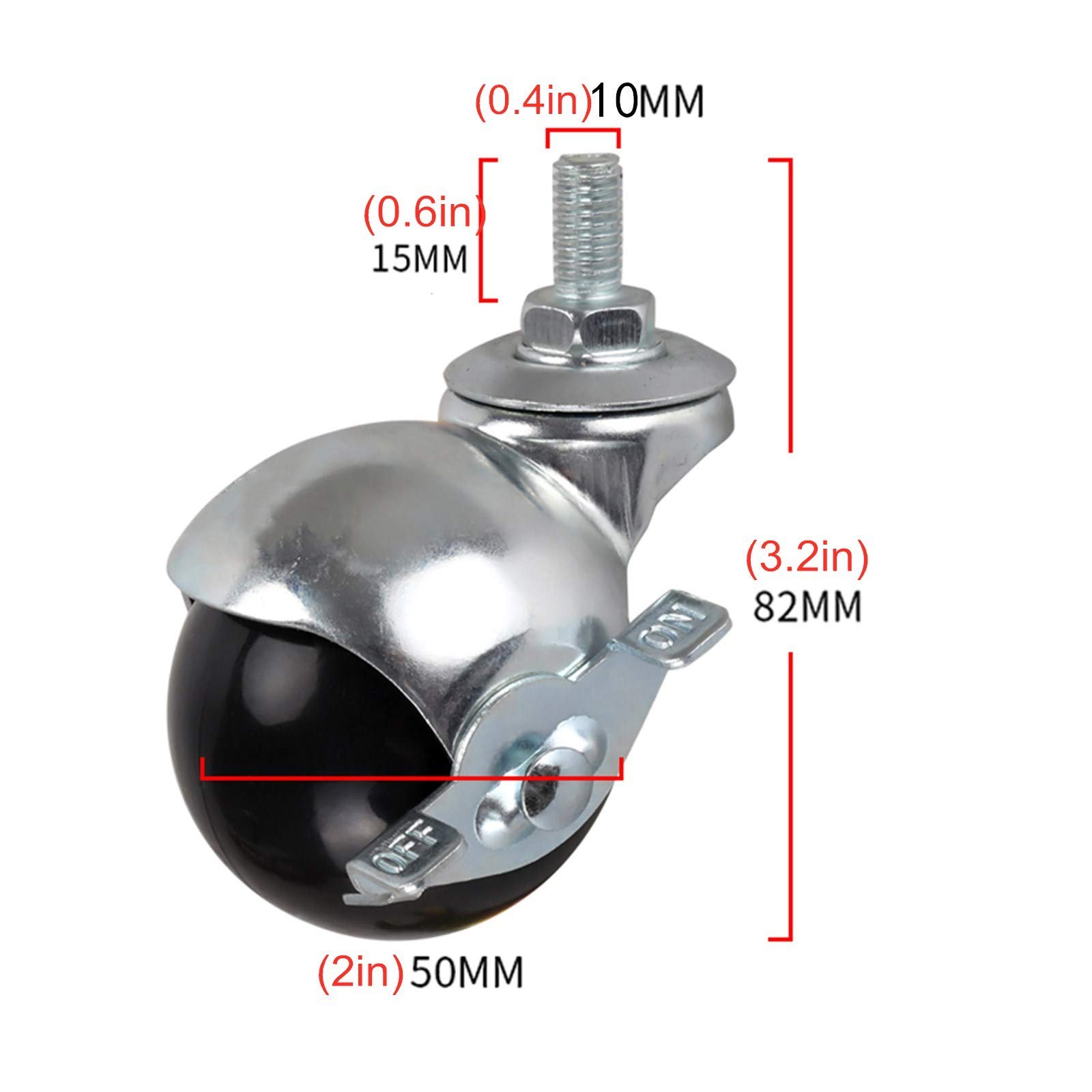 LUNEZY 2 Inch 50mm Nylon Swivel Caster Wheels with Ball Bearings - Heavy Duty Spherical Castors for Furniture, Sofa, Baby Stroller & Coffee Table - Threaded Stem M10x15mm (Set of 4 - Brake & Universal Wheels) | Perfect for Home Office, Workshop & Industrial Use