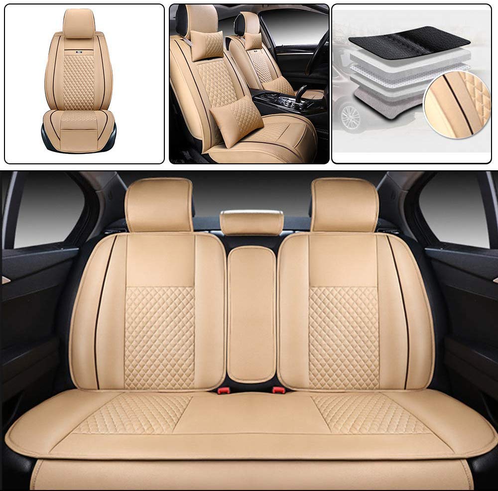 Premium Waterproof & Breathable Car Seat Covers for Cadillac ATS CT6 CTS DTS Escalade - Full Set 5-Seat Protection (Front & Rear) in Beige | Perfect for Road Trips, Daily Commutes & Pet Owners