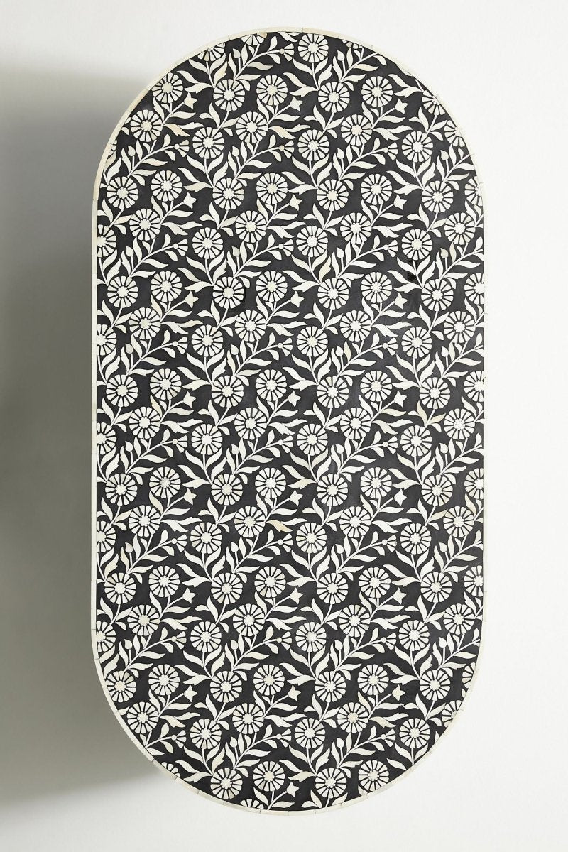 Handmade Bone Inlay Coffee Table - Black & White Floral Design Lalita Style - Perfect for Boho Living Room, Lounge Area & Home Decor