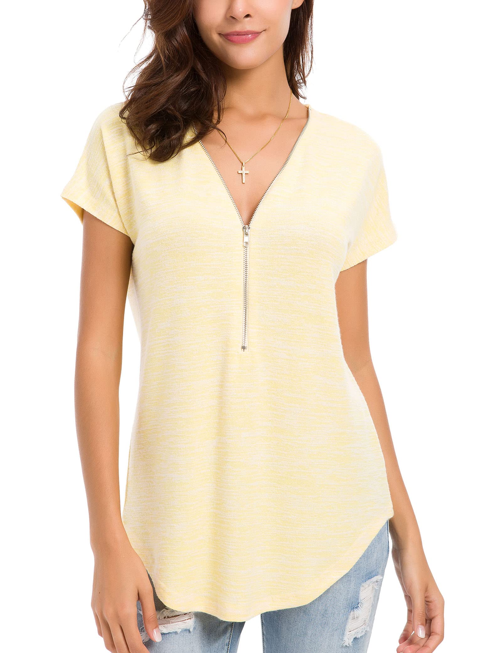 LUSMAY Women's Casual V-Neck Tunic Top with Zipper Detail - Loose Fit Short Sleeve Blouse for Summer | Perfect for Work, Travel & Everyday Wear