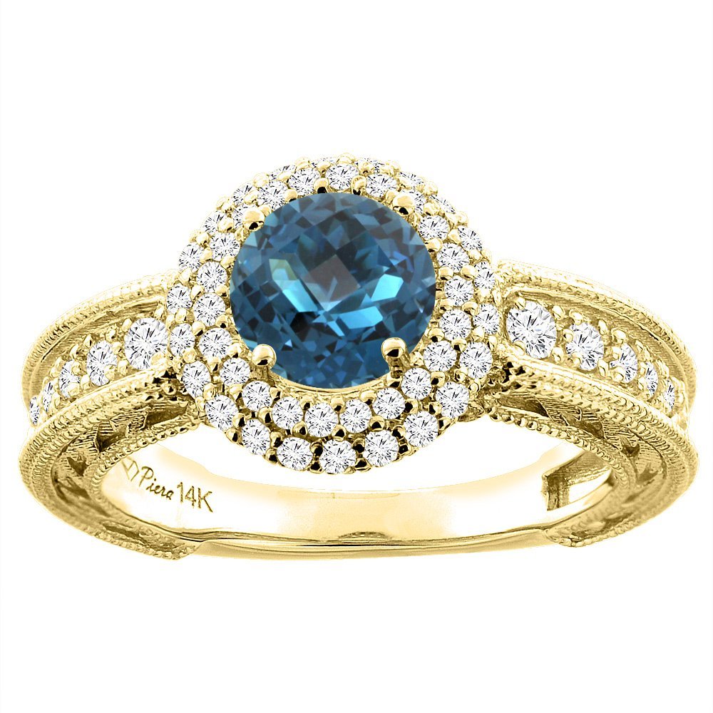 14K White Gold Natural London Blue Topaz & Diamond Halo Ring - Round 6mm Gemstone, Size 5-10 - Elegant Engagement, Anniversary or Gift Jewelry for Women