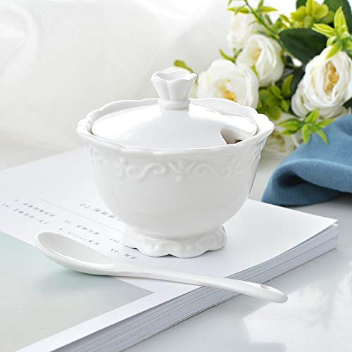 White Ceramic Sugar Bowl with Lid and Spoon - Elegant Kitchen Storage for Coffee, Tea, Sugar & Spices - Perfect for Dining Table, Coffee Station & Home Decor