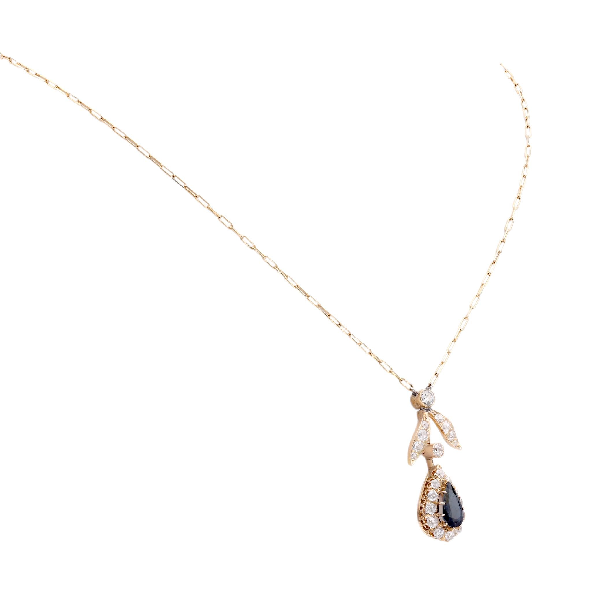 Edwardian Sapphire Diamond 18K Yellow Gold Cluster Necklace | Vintage Jewelry for Women | Perfect for Weddings, Anniversaries & Special Occasions