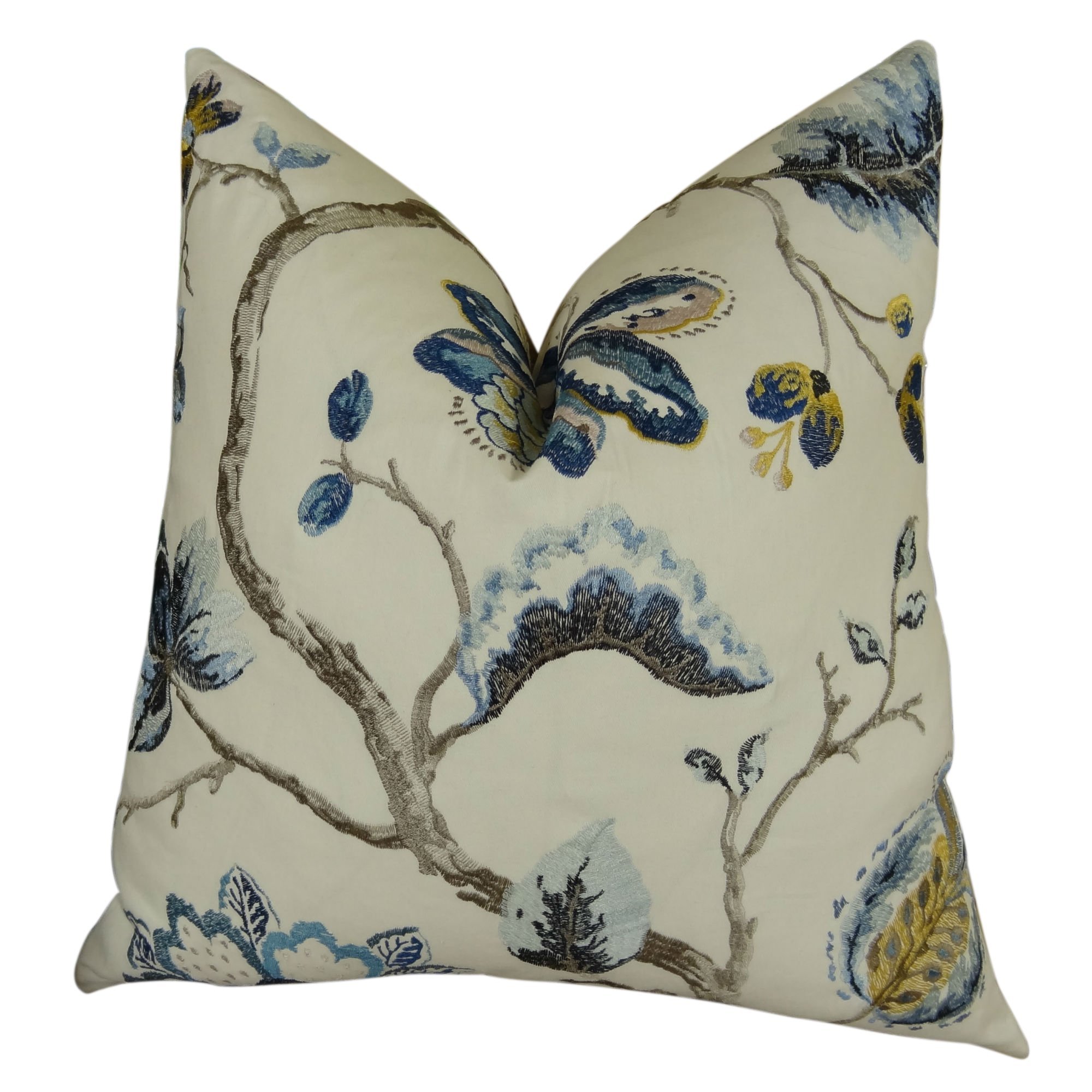 Floral Throw Pillow - Embroidered Blossom Decorative Cushion Cover - Modern Home Accent Pillow in White, Gray, Aqua Blue & Yellow | Made in USA | Perfect for Sofa, Bedroom & Living Room Decor
