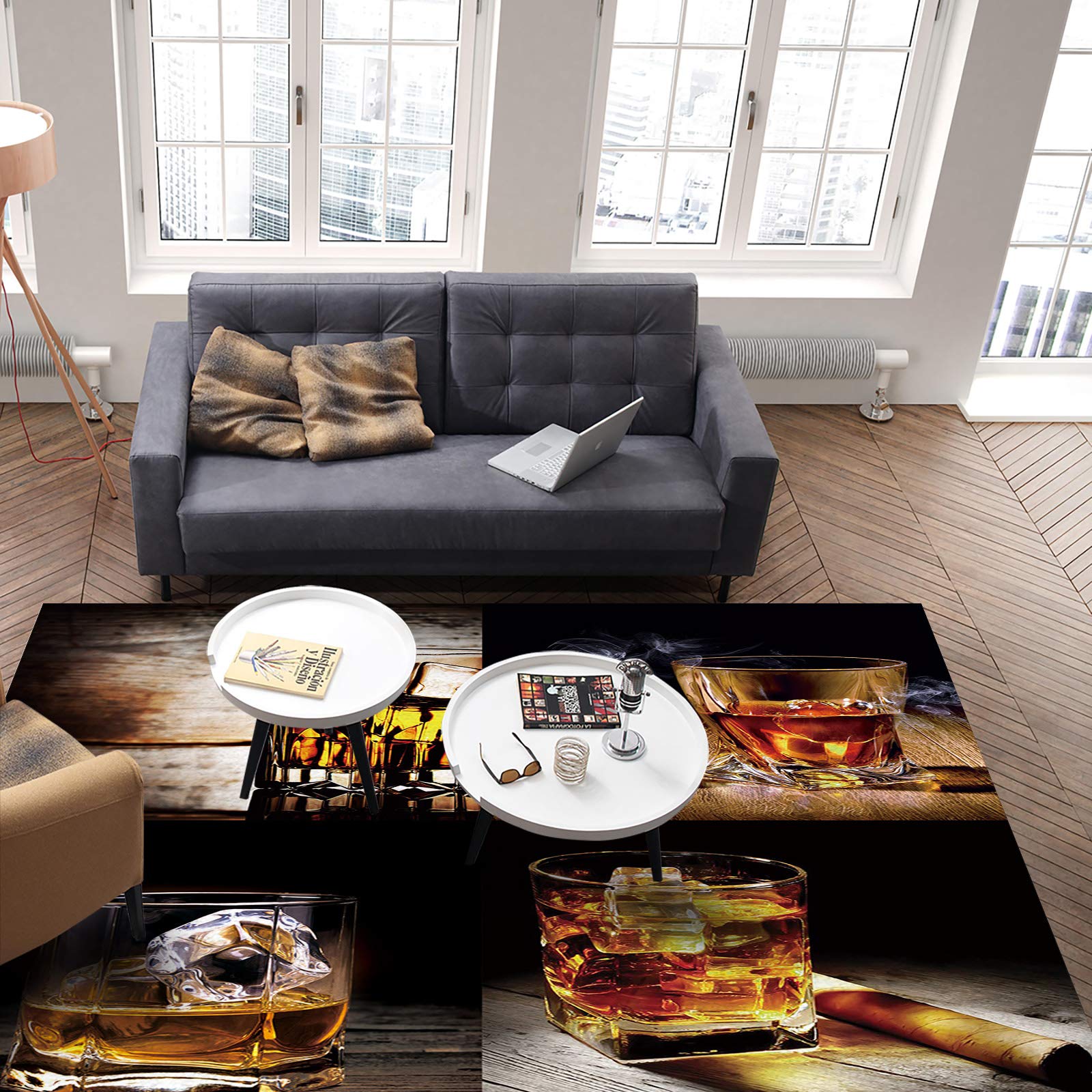 Savannan Non-Skid Area Rug - 5'x7' Rectangle Indoor Runner with Wine & Whisky Glass Design on Wood Plank Background - Perfect for Bedroom, Living Room, Playroom, Porch & Home Decor