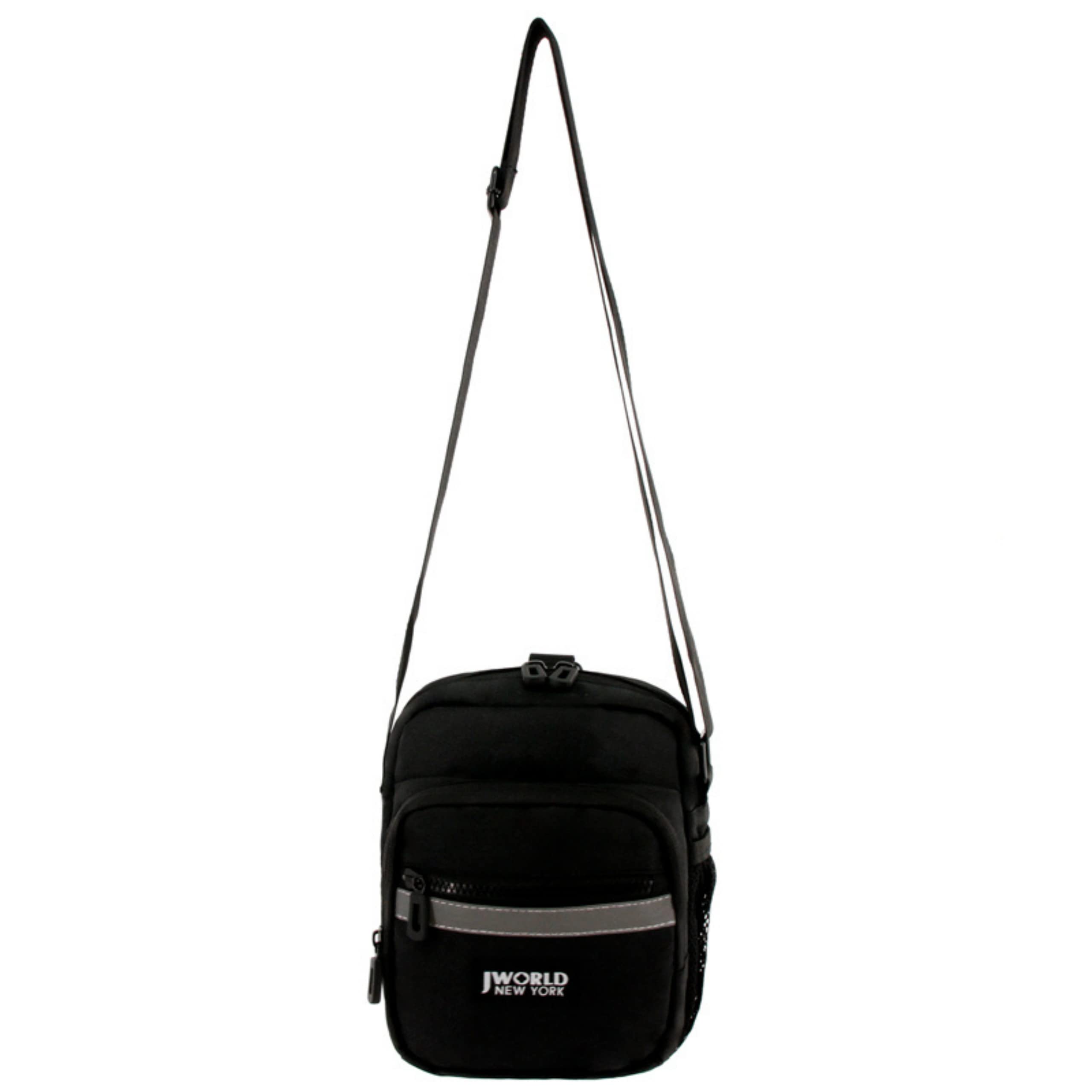 J World New York Crux Mini Crossbody Bag for Women & Men - Adjustable Shoulder Strap Sling Bag with Zippered Front Pocket & Reflective Tape (5.9x3.5x7.9 Inch) - Perfect for Travel, Work & Everyday Use (Black)