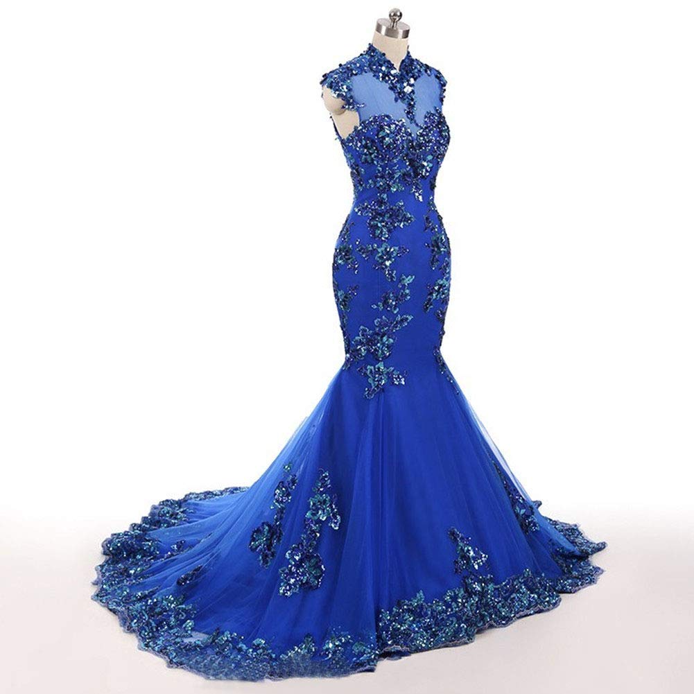 Emmani Women's Beaded Sequins High Neck Mermaid Tulle Evening Prom Dress - Red Formal Gown for Homecoming, Wedding Guest, Cocktail Party & Special Occasions
