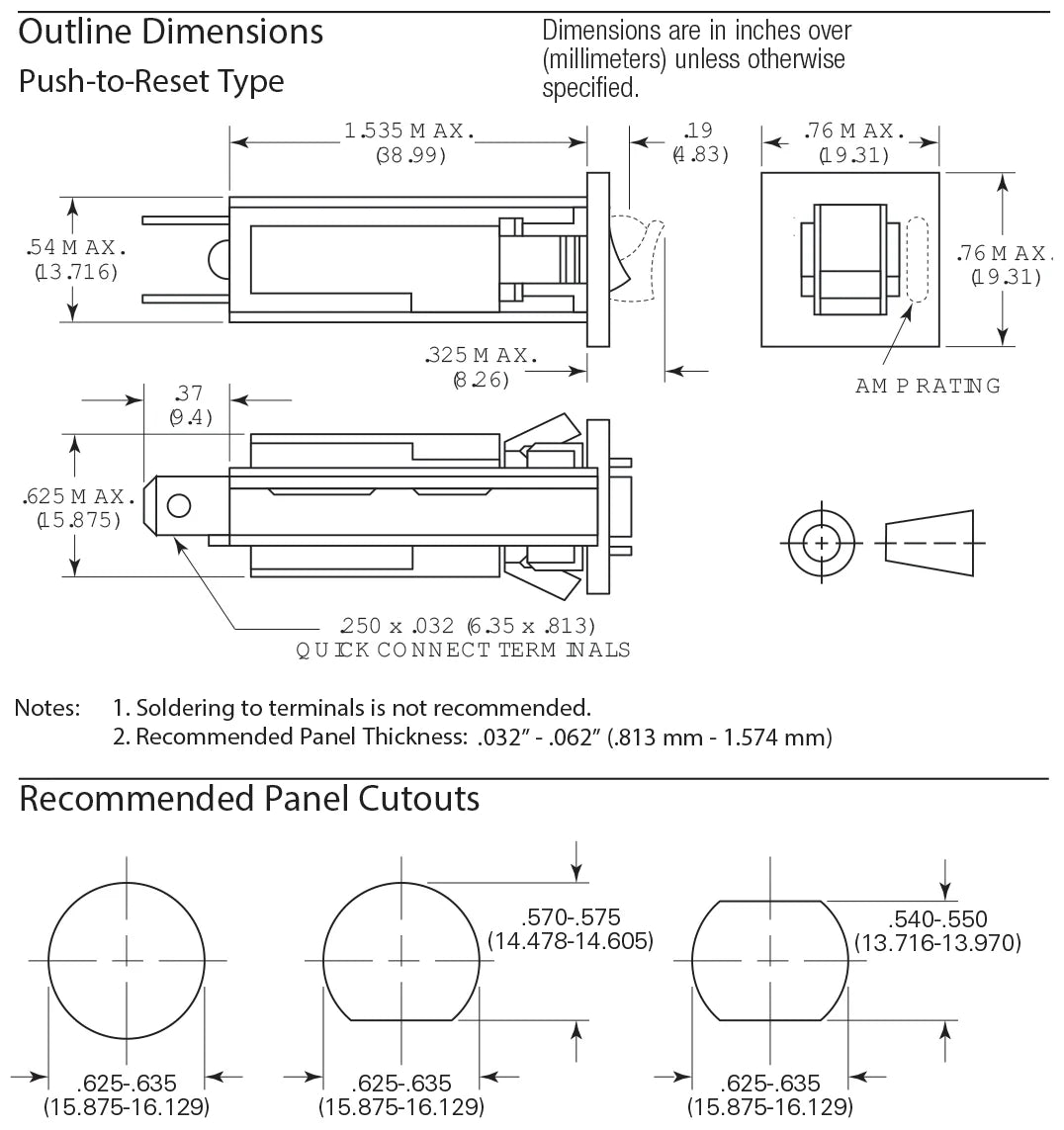 0.25A Thermal Circuit Breaker, 1 Pole, 250V AC / 32V DC, Snap-in Panel Mount with Push to Reset Actuator (W28 XQ1A 0.25) - Ideal for Automotive, Marine, and Industrial Electrical Protection