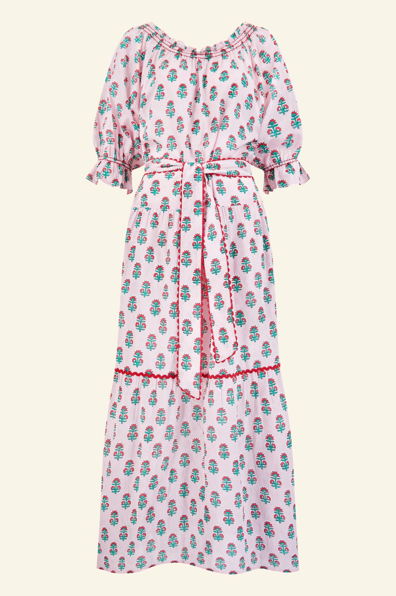Violet Block Print Dress with Sunflower Buti Pink Design | Floral Summer Dress for Women | Perfect for Beach Vacations, Parties & Casual Outings