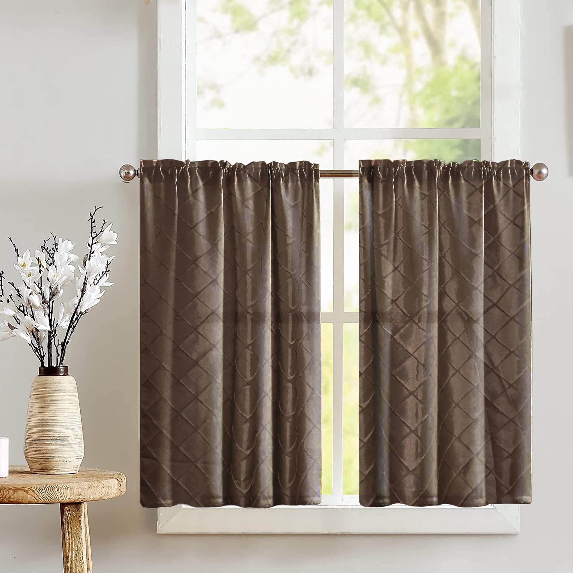 Lovemyfabric Diamond Pintuck Taffeta Tier Curtains 27x36 Inch - Brown Cross-Stitch Window Treatments for Café, Kitchen & Living Room Décor