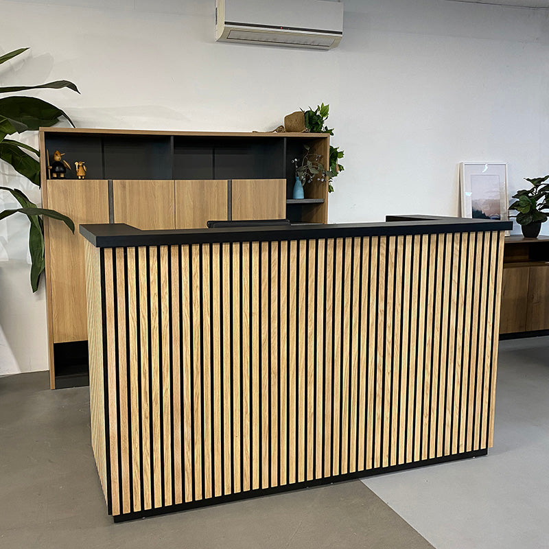 KENTO 180cm Reception Desk with Timber Slat Acoustic Panel in Black & Oak - Perfect for Office Lobby, Hotel Front Desk, and Corporate Waiting Areas