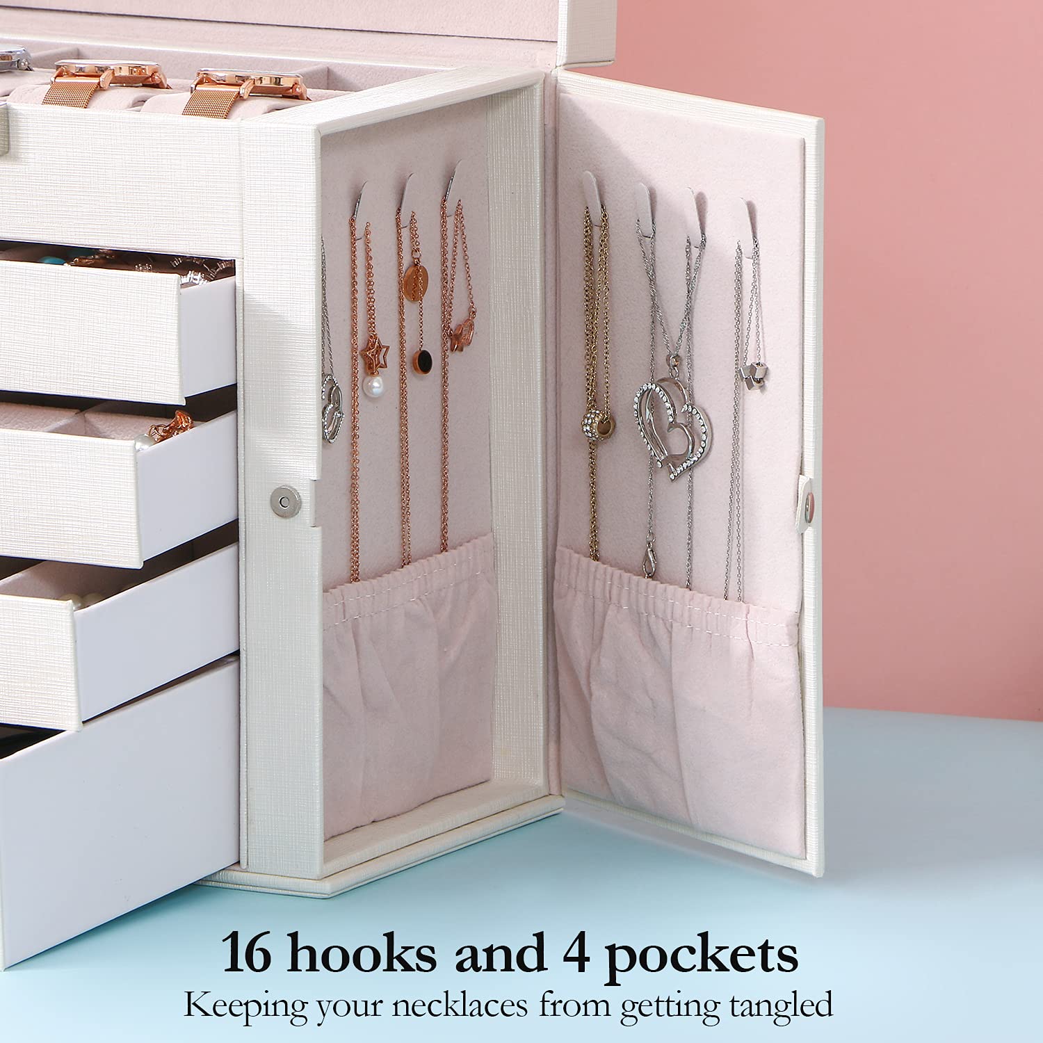 ANWBROAD Large Jewelry Box Organizer for Women & Girls - Sturdy Jewelry Storage Case with Drawers, Mirror & Lock (UJJB003W) - Perfect for Bedroom Vanity, Travel & Gift Giving