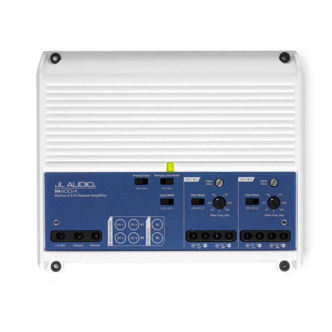 JL Audio M400/4 Marine Amplifier - 400W 4-Channel Class D Full Range Power Amplifier for Boats, Watercraft & Outdoor Audio Systems - Perfect for Marine Stereo Upgrades & Waterproof Audio Installations