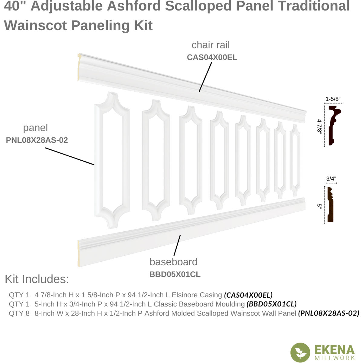 Ashford Traditional Wainscot Paneling Kit - 94.5 Inch Long Premium Wood Wall Paneling for Home & Office Decor | Easy DIY Installation for Living Room, Dining Room & Bedroom