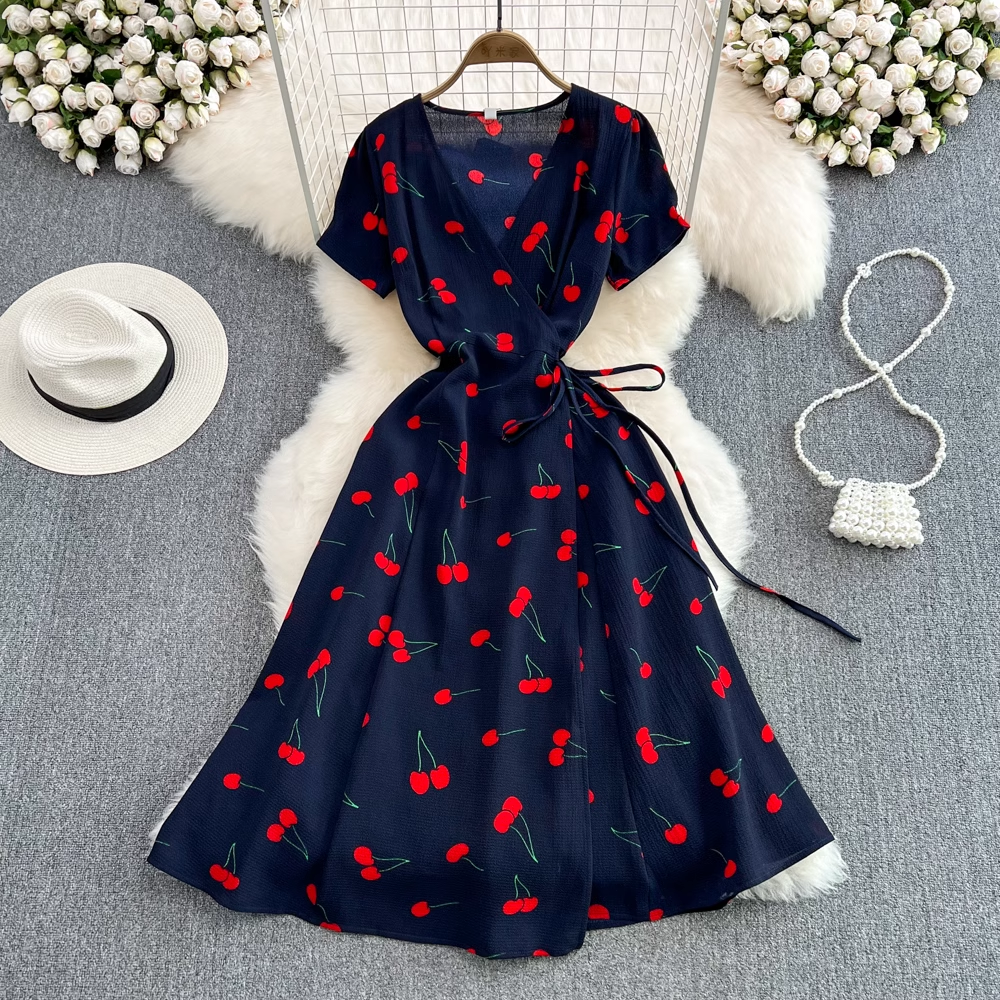 Cherry Print V-Neck Short Sleeve Summer Dress - Flattering A-Line Cut for Women | Perfect for Beach Vacations, Garden Parties & Casual Outings