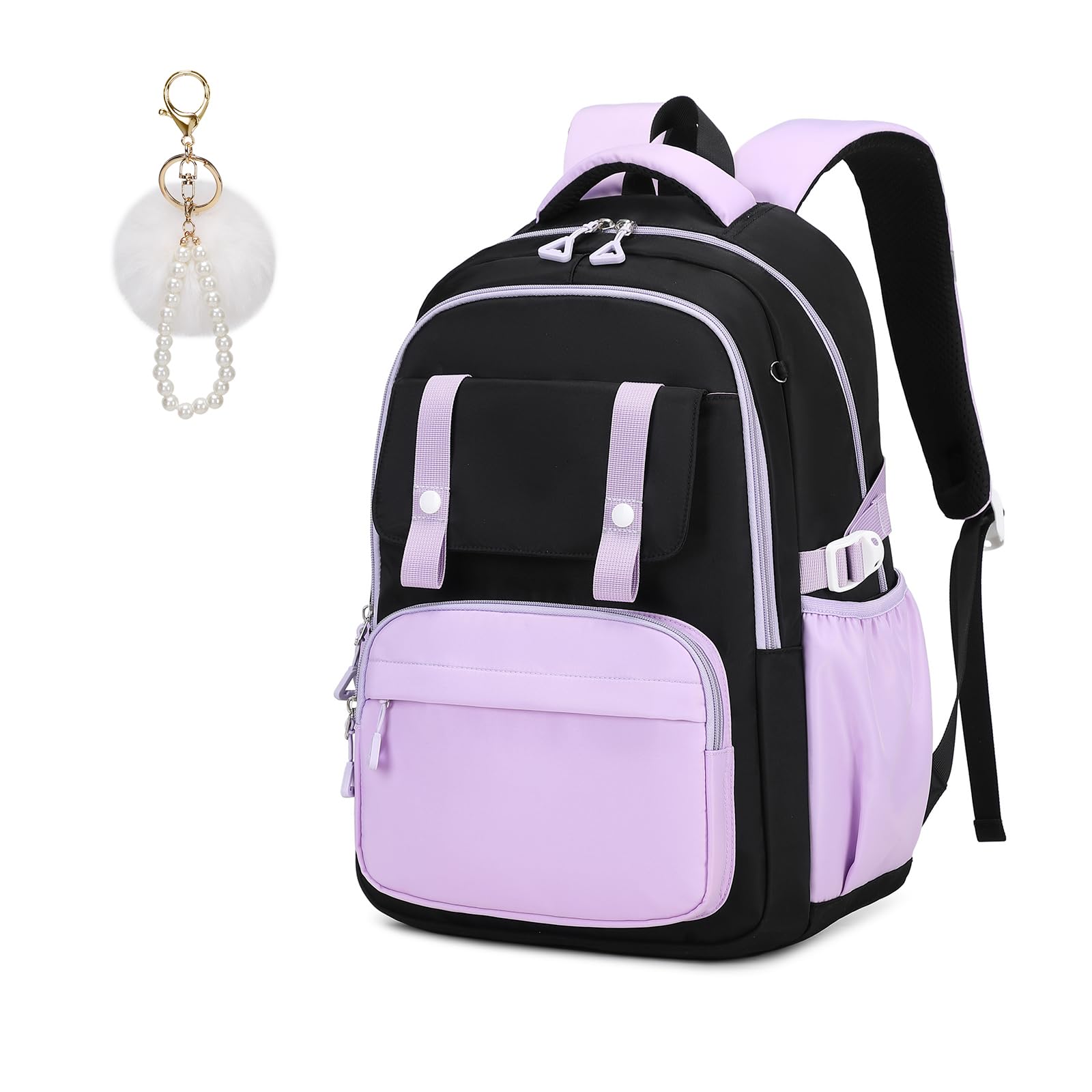 **Girls Backpack for Kindergarten, Elementary & Middle School - Large Capacity Kids Bookbag with Multiple Pockets (Black & Purple) - Perfect for School, Travel & Daily Use**