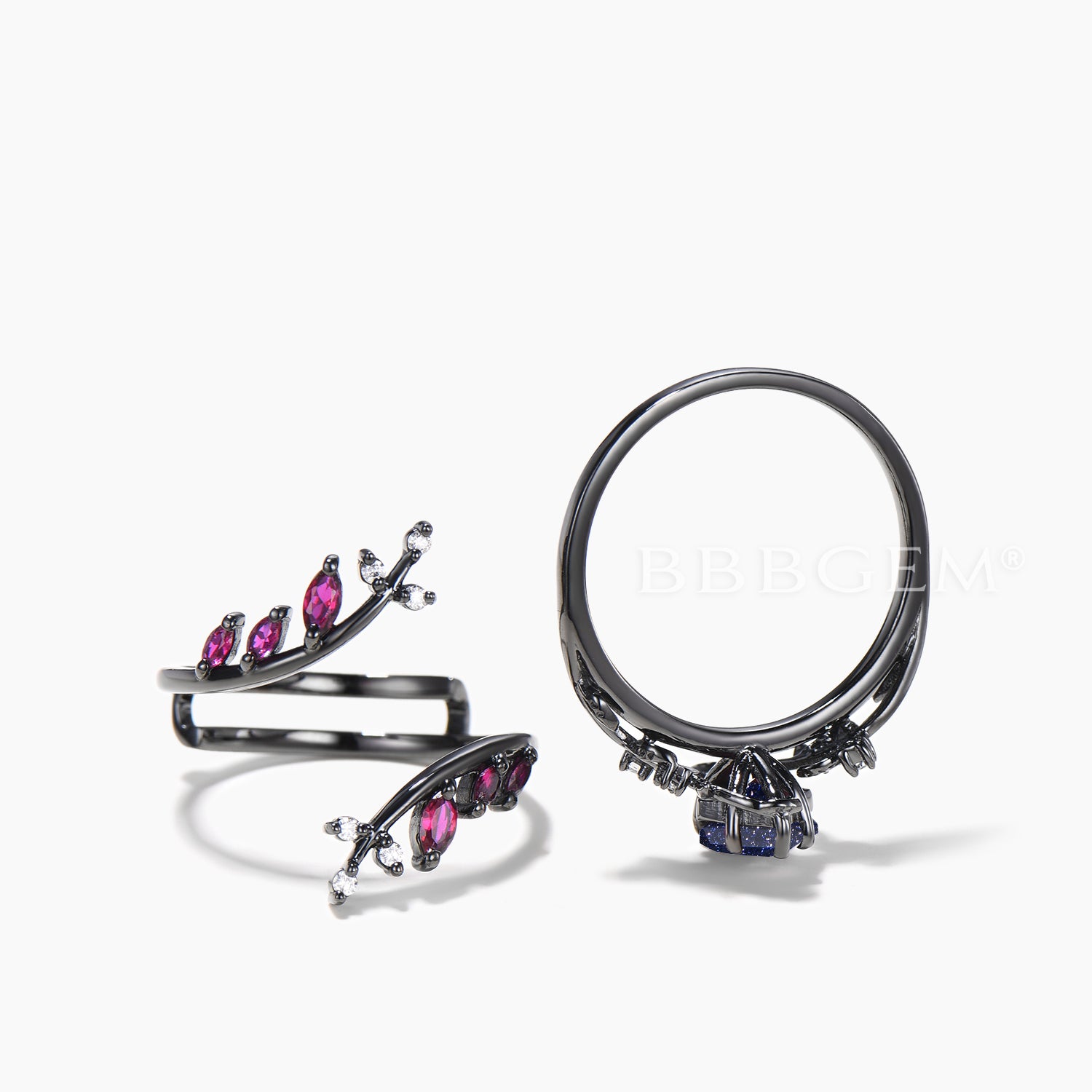 Twig Bridal Set - Kite Cut Blue Sandstone Leaf Engagement Ring with Ruby Wedding Band for Women | Nature-Inspired Wedding Jewelry for Engagement, Proposal & Anniversary Gifts