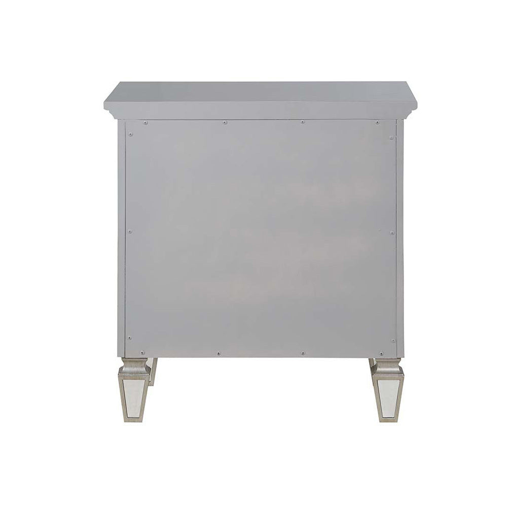 2 Drawers Nightstand with Mirror Inlay Trim in Silver Finish - Modern Bedside Table for Bedroom, Living Room & Guest Room - Perfect for Storage & Decor