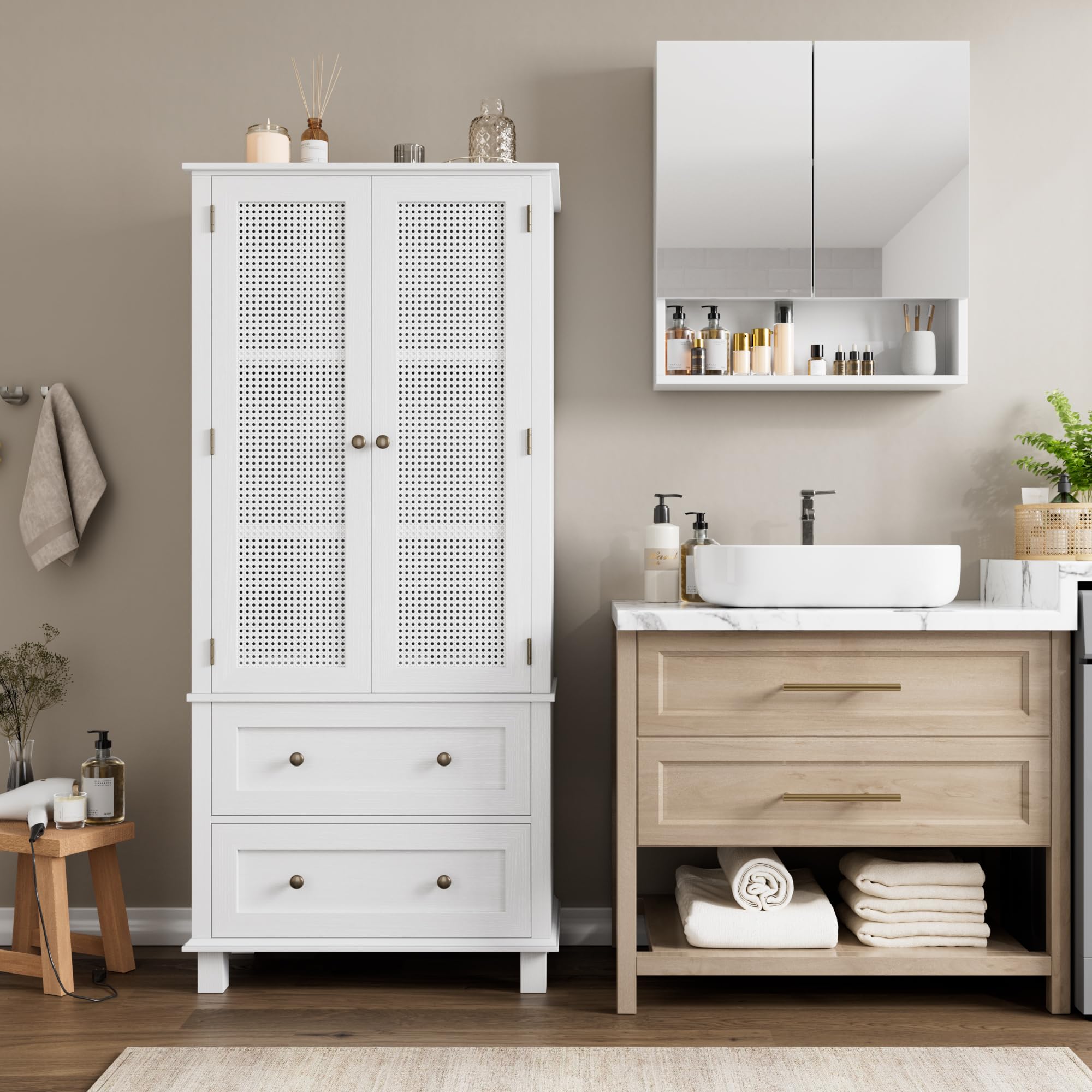 FOTOSOK White Kitchen Pantry Storage Cabinet with Rattan Doors, 2 Drawers & Adjustable Shelf - Perfect for Kitchen, Dining Room, and Home Organization