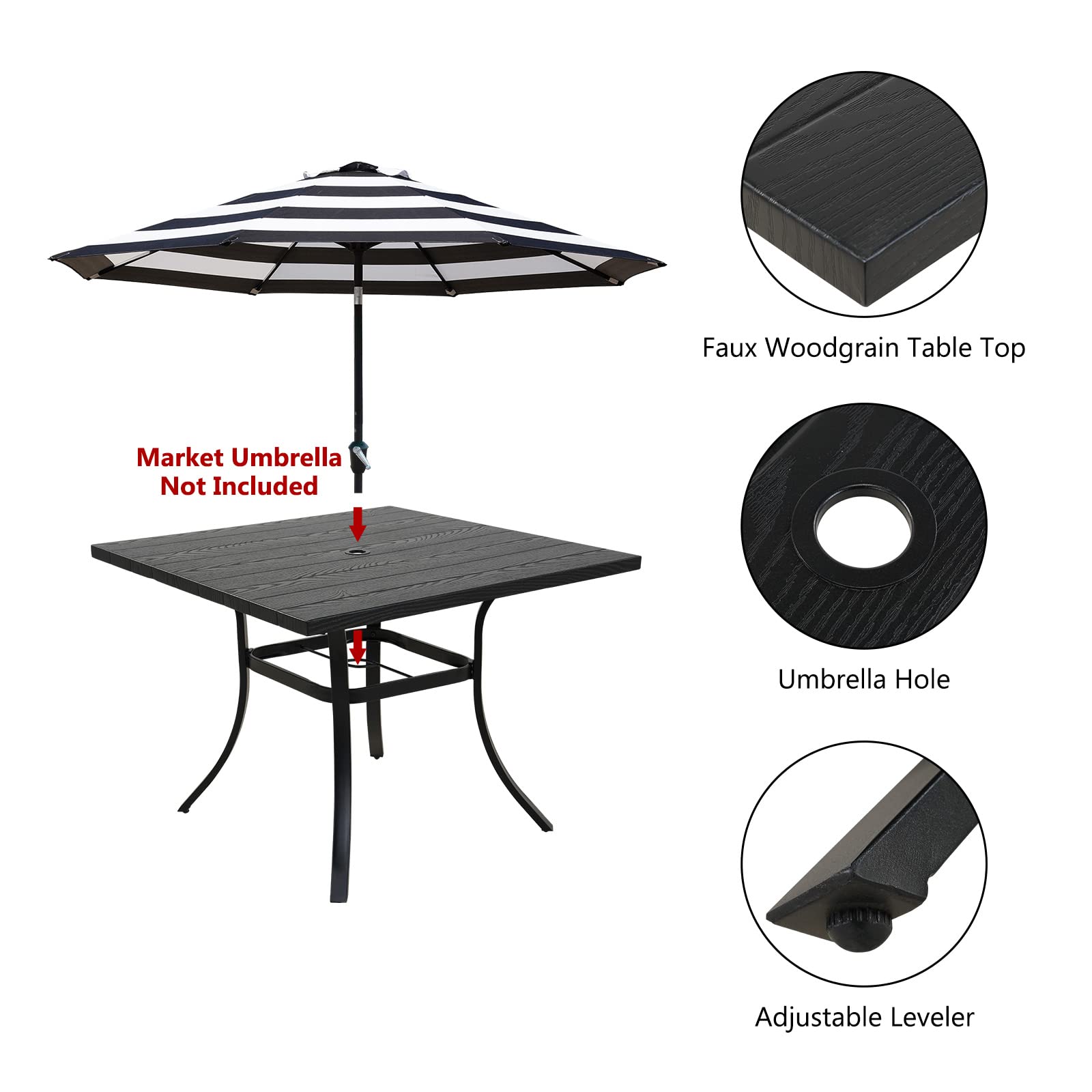 37-Inch Square Outdoor Dining Table - Weather-Resistant Patio Picnic Table with Woodgrain Finish & 1.5