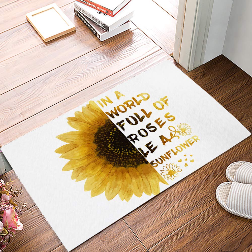 18x30 Inch Sunflower Non-Slip Entryway Doormat - Absorbent Low Profile Indoor Floor Mat with Motivational Words in White & Yellow - Perfect for Front Door, Porch, Mudroom and Home Decor