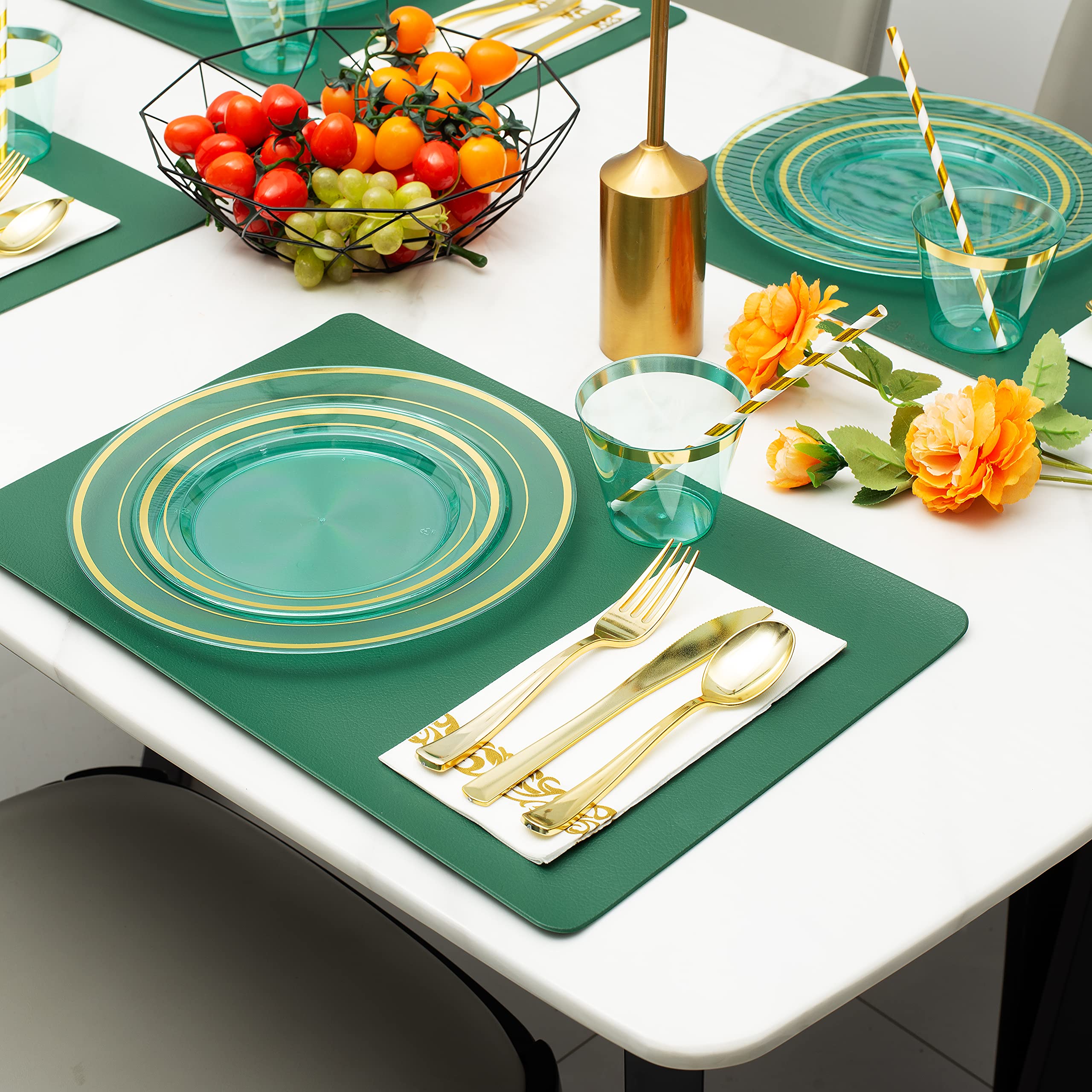 400-Piece Mint Green Disposable Plastic Plates Set for 50 Guests - Heavy Duty Dinner Plates, Fancy Dessert Plates, Gold/Silver Cutlery, Cups, Napkins & Straws - Perfect for Weddings, St. Patrick's Day, Easter & Party Events