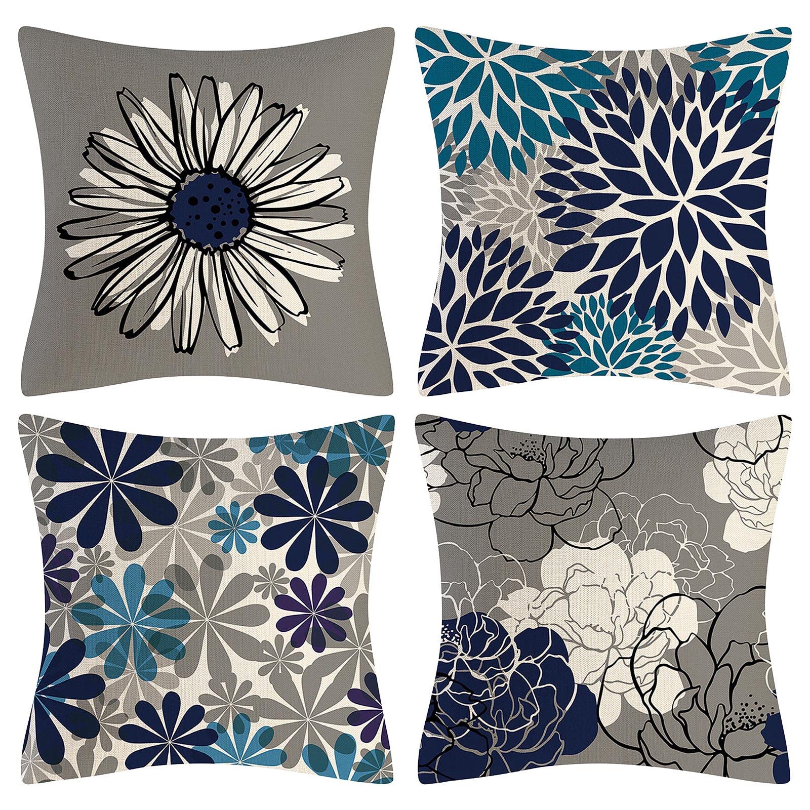 **Kingtowag 4-Pack Blue Modern Daisy Linen Pillow Covers 18x18 Inches (45x45 cm) - Luxury Satin Square Pillowcases for Sofa, Bed, Car & Outdoor Decor**    **Perfect for Home, Office, Travel & Gift Giving - Soft & Stylish Decorative Throw Pillow Covers**