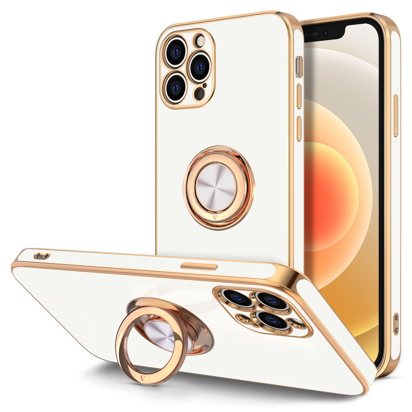 Hython iPhone 12 Pro Max Case with Rotatable Ring Stand - Rose Gold Shockproof Cover for Work & Travel