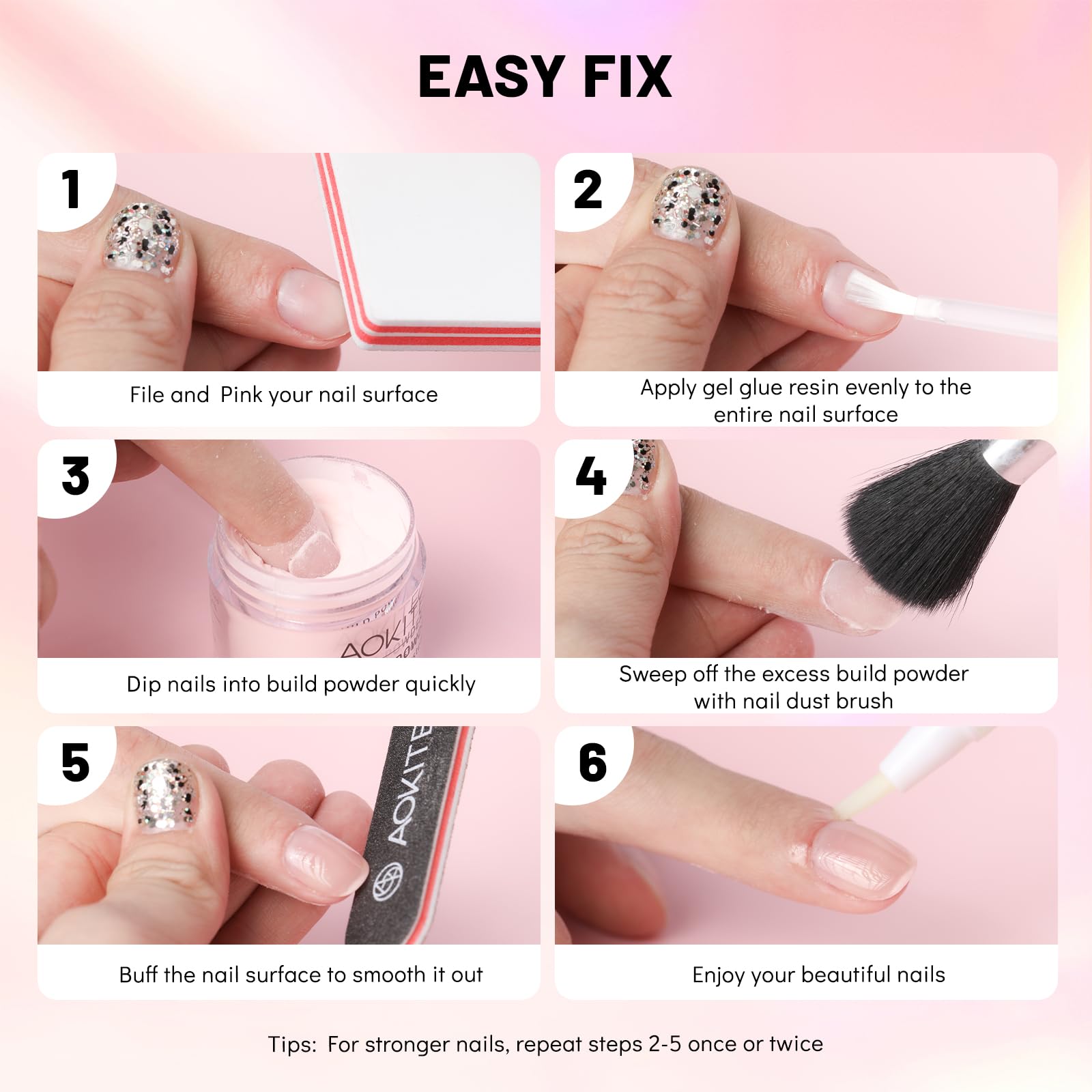 Aokitec Nail Repair Kit - 28g Jelly Pink Builder Powder for Broken Cracked Split Weak Nails with Nail Repair Solution | Emergency Quick DIY Natural Crystal Pink Nails | Perfect for Home Salon, Nail Art, and Manicure Care