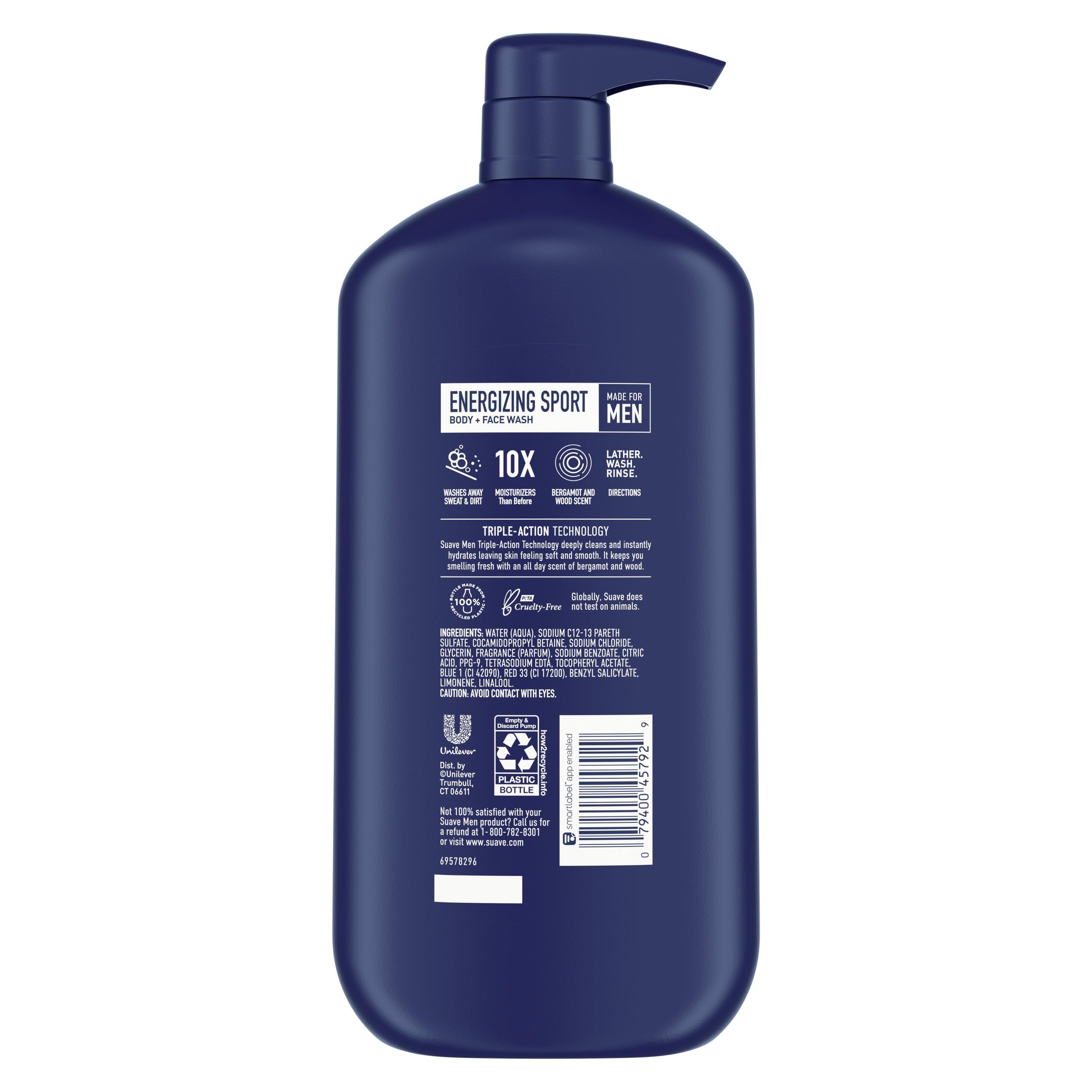 Suave Men Face & Body Wash for Men - Energizing Sport Scent, 30 oz - Refreshing Shower Gel for Gym, Workout & Active Lifestyle