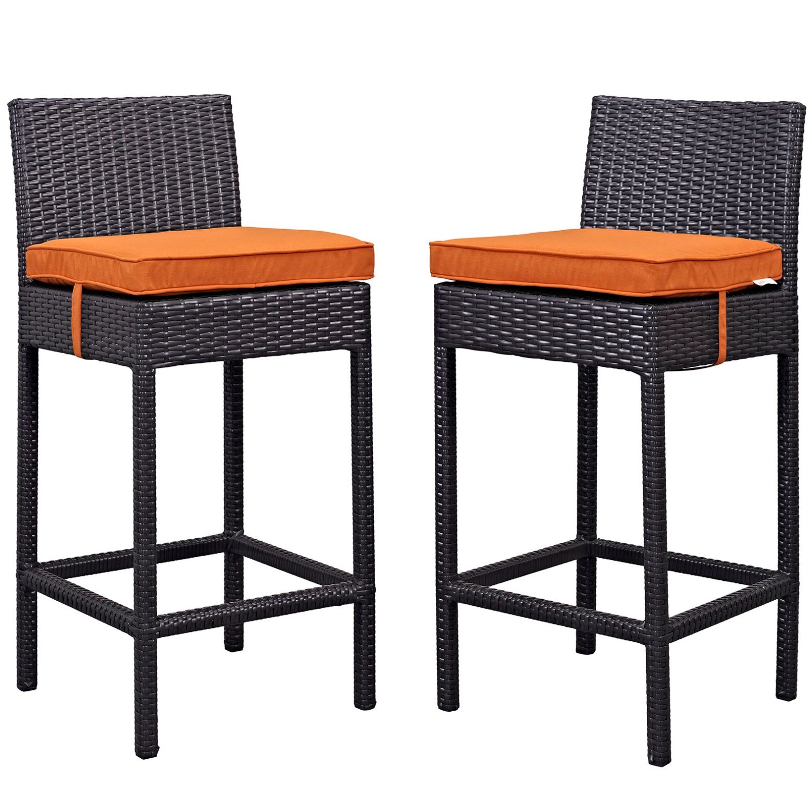Modern Orange Rattan Outdoor Bar Stool Chair Set of Two - Perfect for Patio, Balcony, and Urban Garden Decor