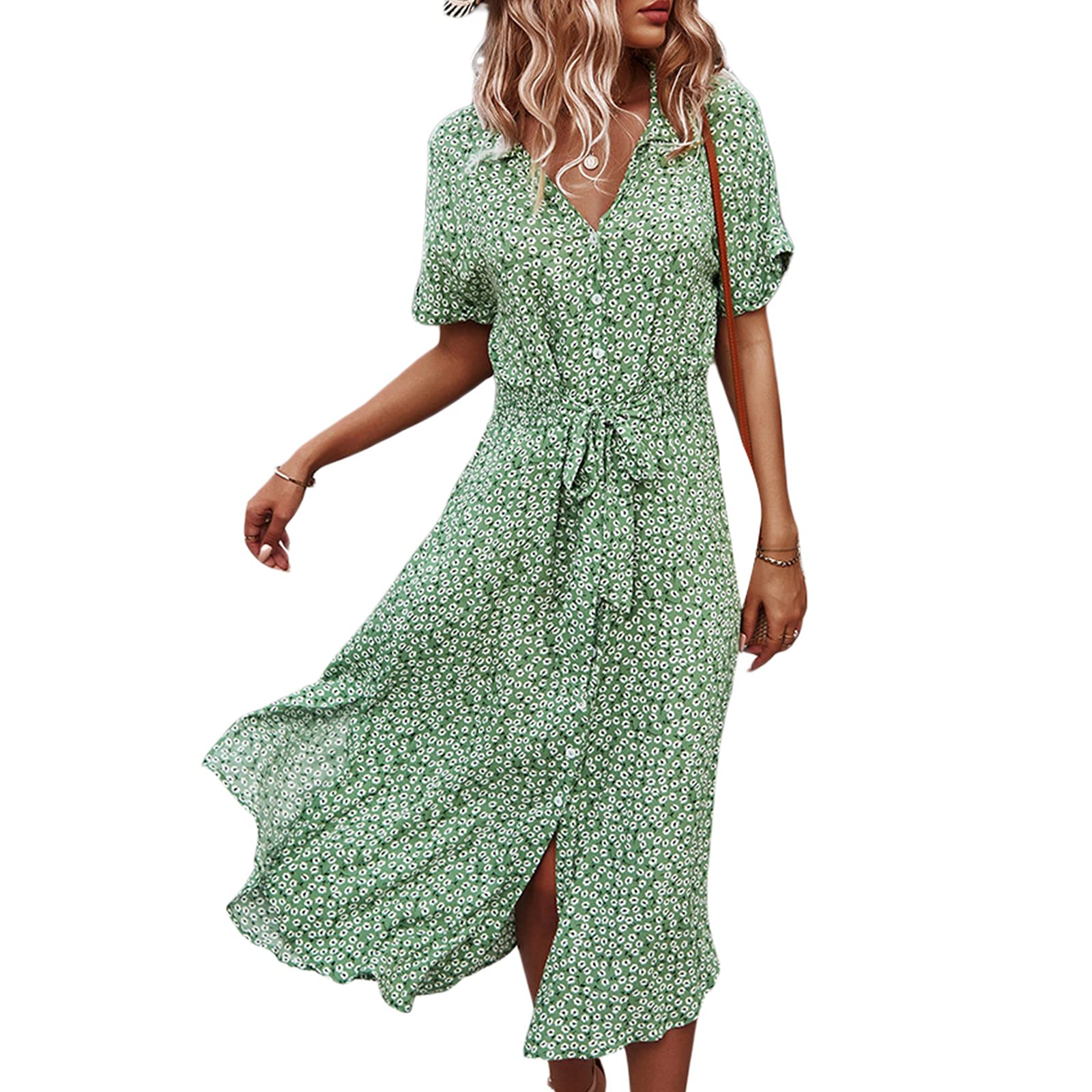 SNIAXXWL Women's Floral Print Button Down Midi Dress with Lapel Neck & Belt - Summer Casual Shirt Dress for Office, Date Night & Outdoor Events