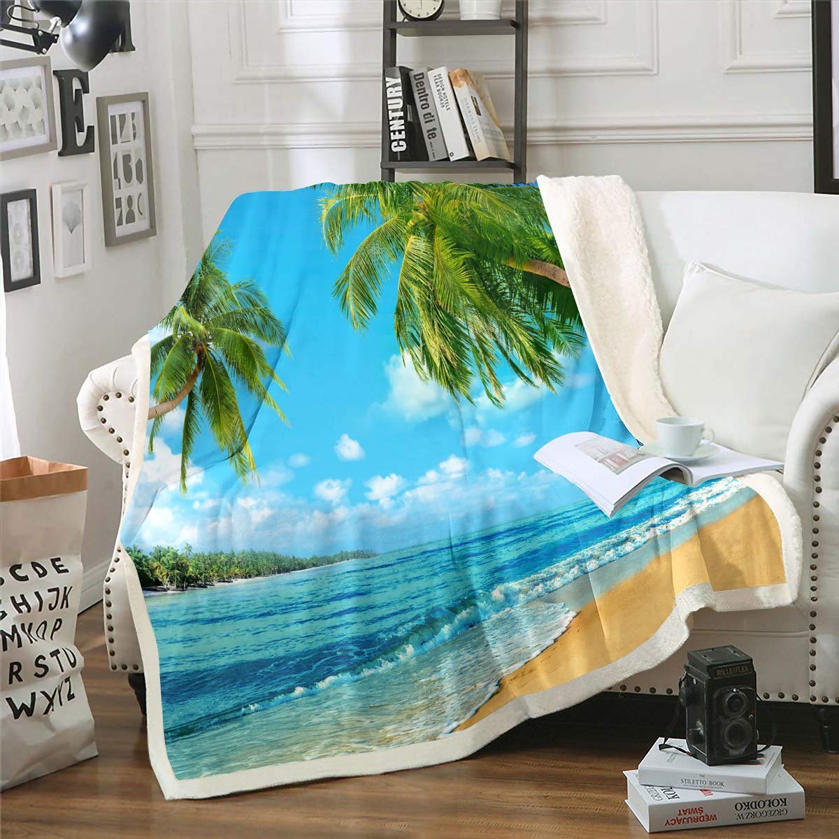 Feelyou Girls Sherpa Throw Blanket - Tropical Ocean Sea Print with Palm Trees, Soft Fleece Plush Blanket for Sofa, Couch & Bed (60