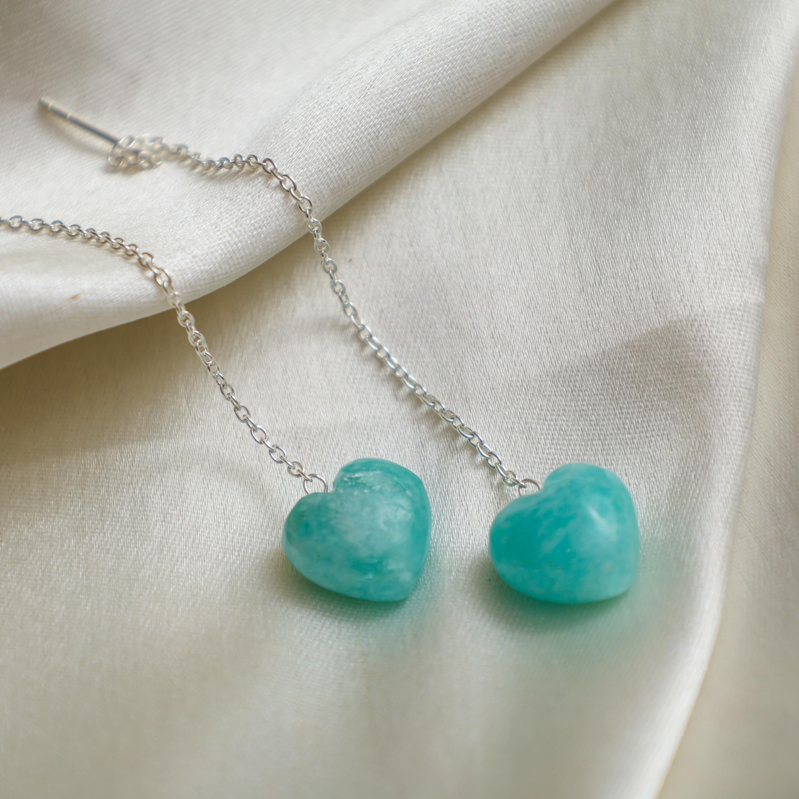 Amazonite Heart Threader Drop Earrings for Women - 925 Sterling Silver Dangle Long Chain Lightweight Gemstone Jewelry - Perfect for Daily Wear, Office & Special Occasions