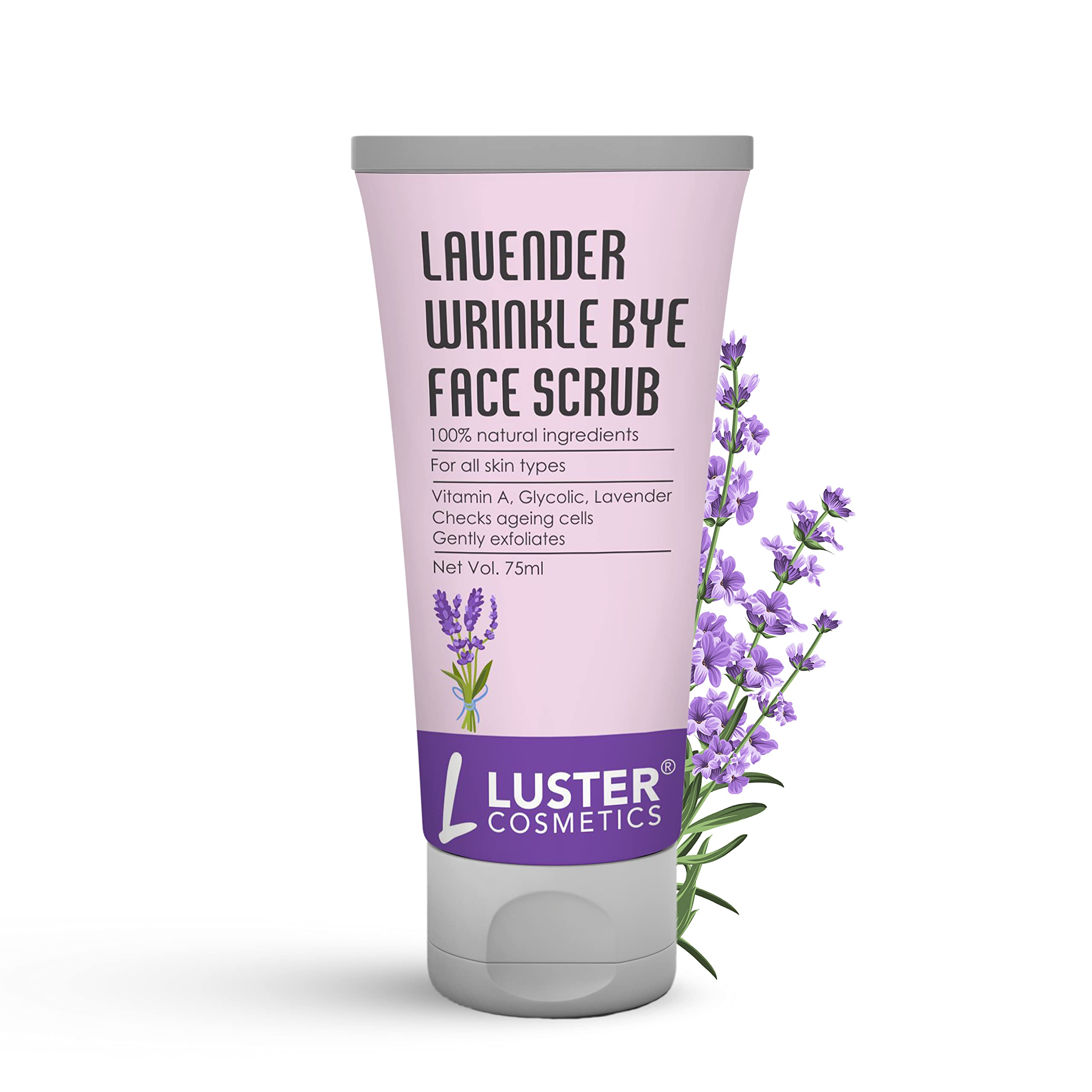 Luster Cosmetics Lavender Wrinkle Bye Face Scrub - Exfoliating Dead Skin Cells, Anti-Aging Facial Cleanser (75ml) | Perfect for Daily Skincare Routine & Spa Night