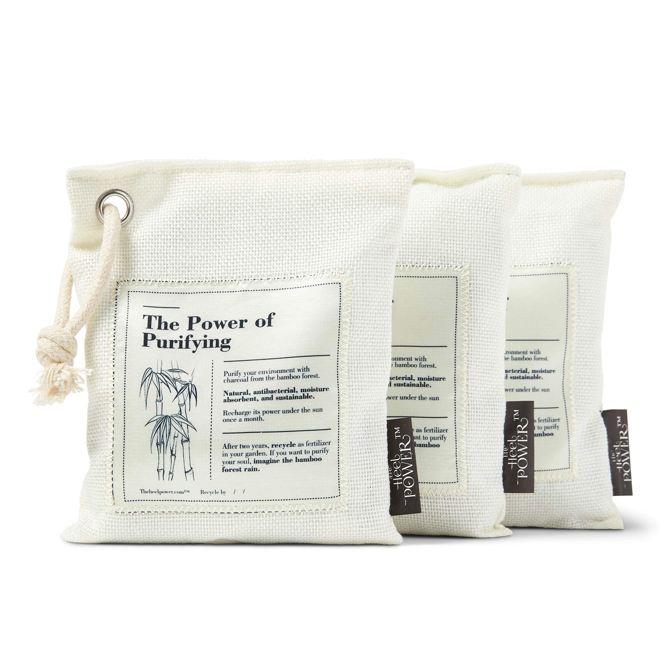THE HEEL POWER Bamboo Charcoal Air Purifying Bags - 3 Pack | Natural Odor Absorber for Home, Car & Closet | Eco-Friendly, Unscented & Sustainable Deodorizer | Ideal for Pet Areas, Shoes & Small Spaces (Ivory)
