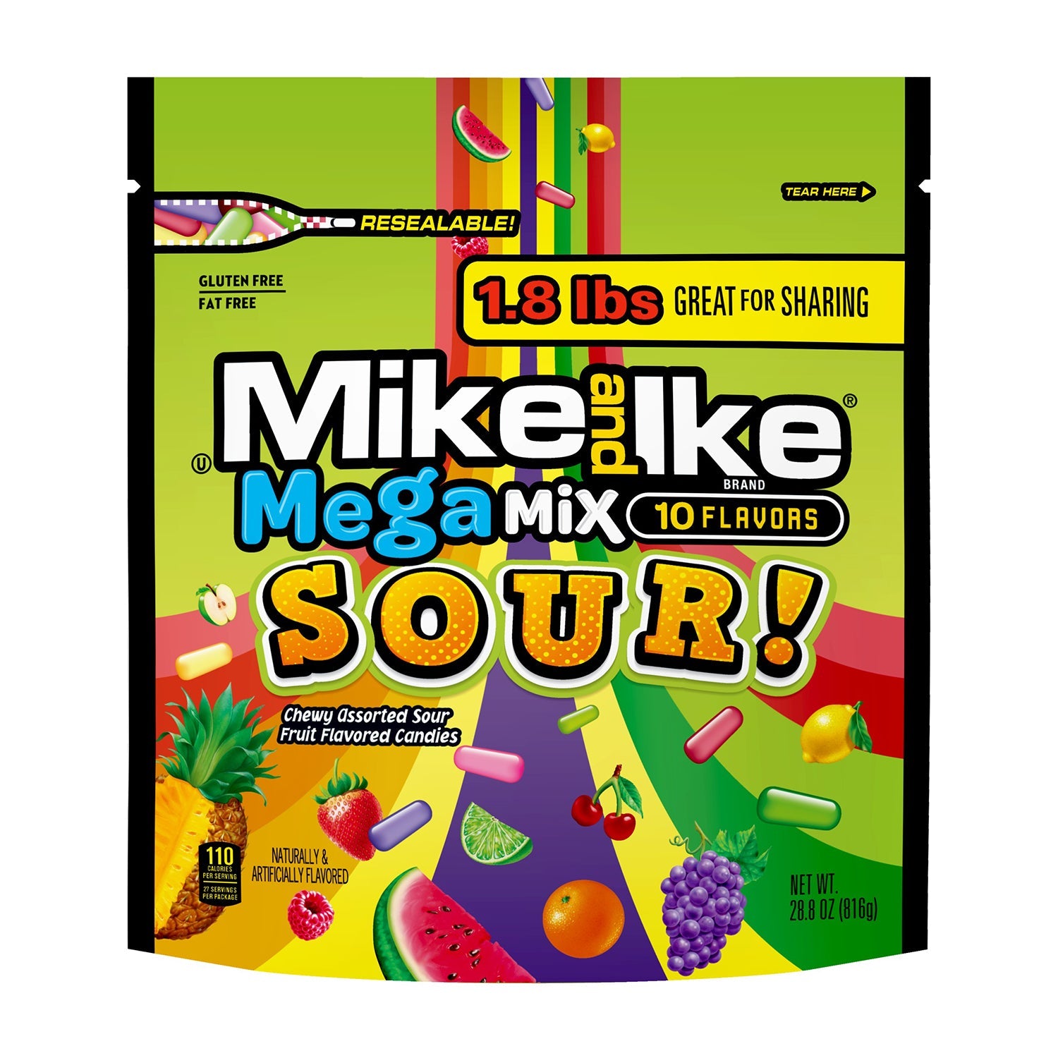 Just Born Mike & Ike Mega Mix Sour Candy - 28.8oz Resealable Bag | Bulk Sour Fruit Flavored Candies for Parties, Movie Nights & Office Snacks