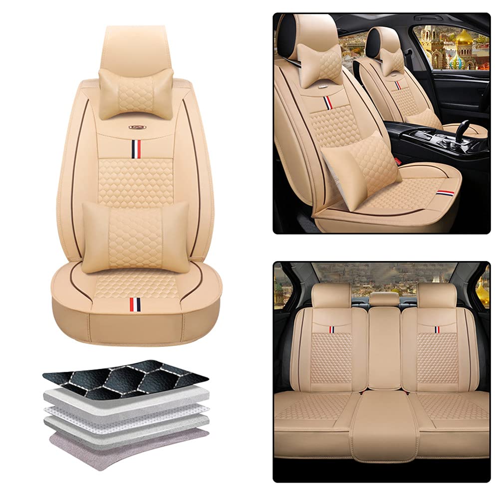 SureMart Premium Car Seat Covers for Mercedes Benz C-Class W203 W205 W204 - 5-Piece Set with Pillows (Front & Rear Seat Protectors) - Airbag Compatible Beige Auto Accessories | Perfect for Daily Commute, Road Trips & Interior Protection