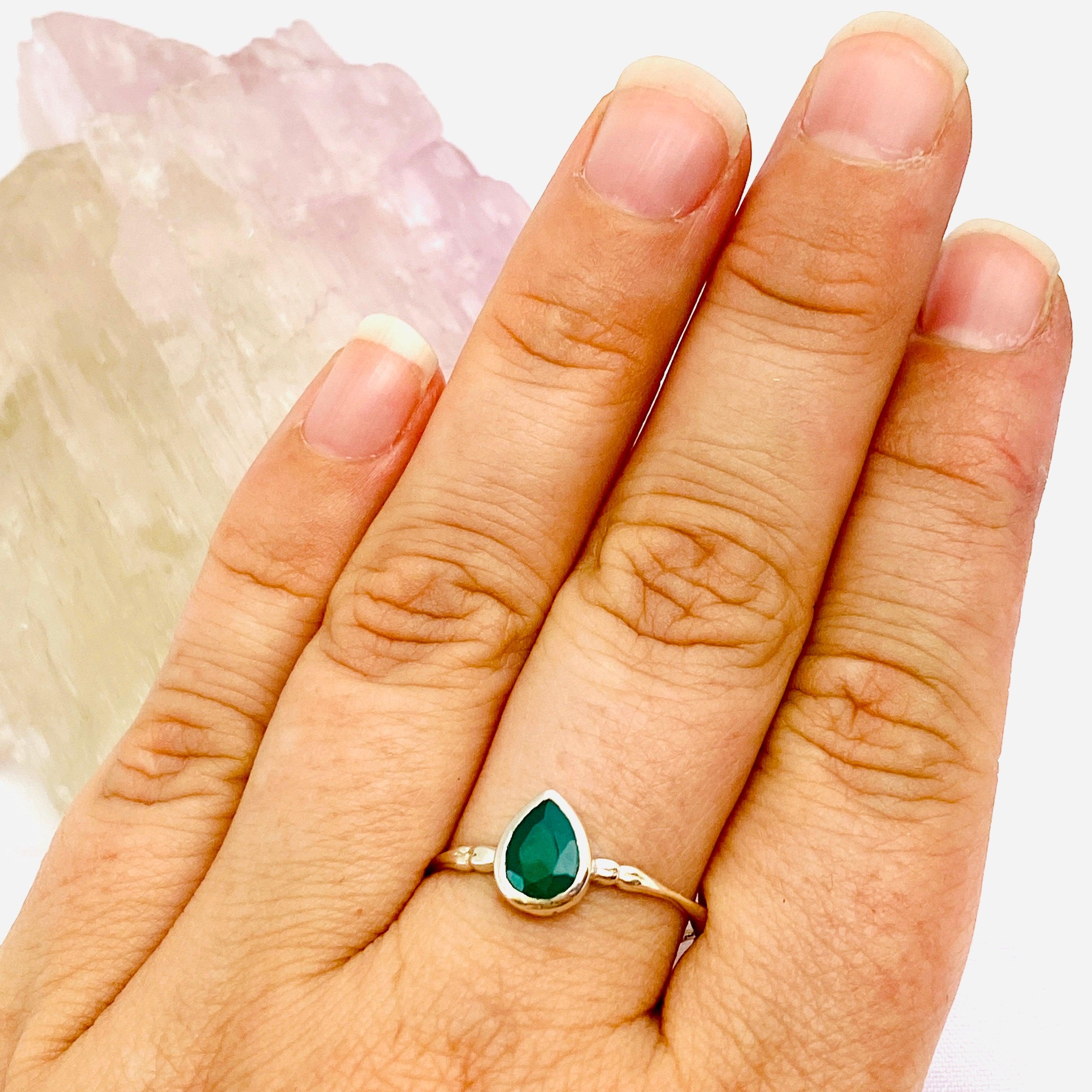 Green Chalcedony Faceted Teardrop Fine Band Ring R3691 GR - Elegant Jewelry for Women, Wedding, Party & Special Occasions