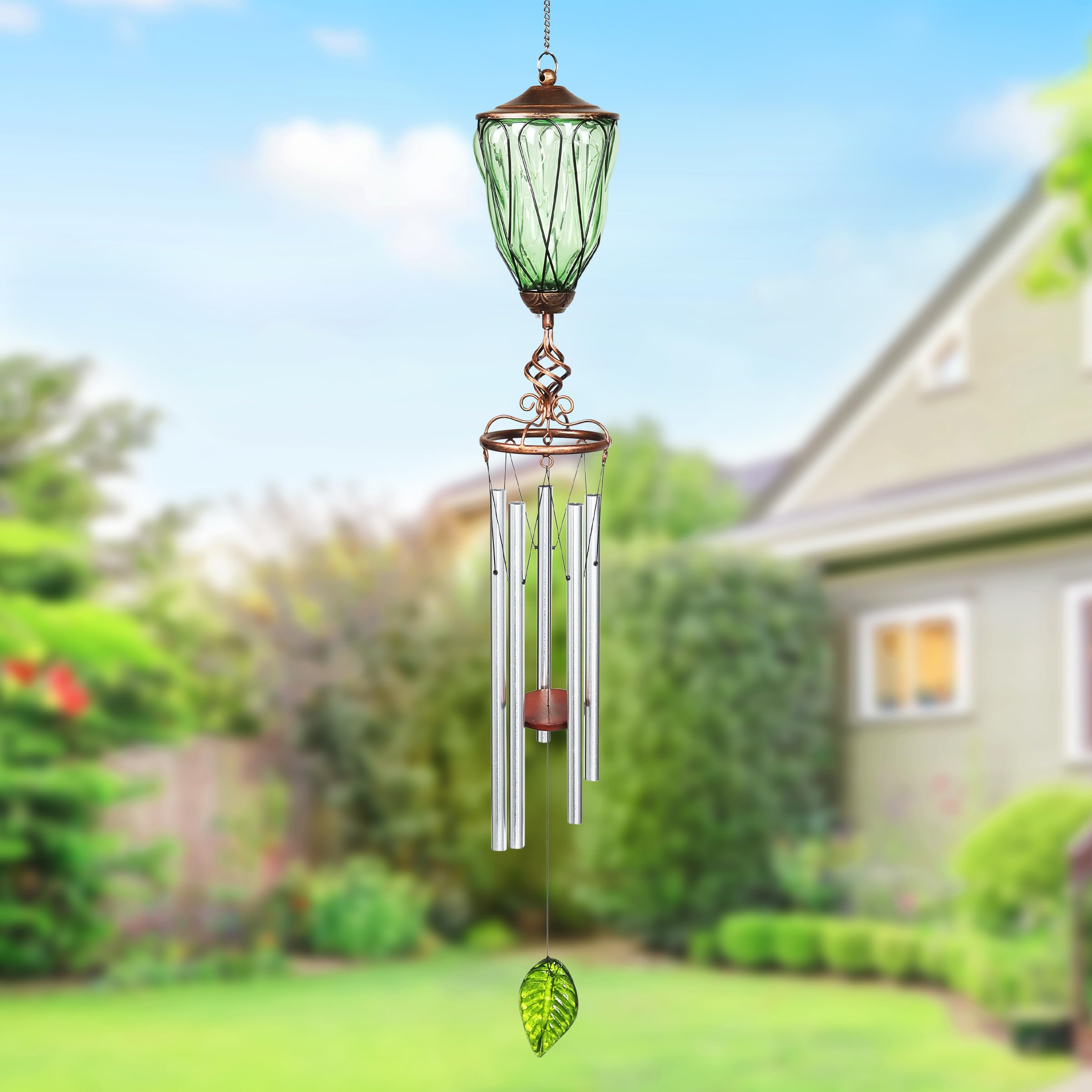 Solar-Powered Wind Chime with 9 LED Firefly Lights - Exhart Outdoor Hanging Lantern for Garden, Patio, Yard Decoration - Bronze Metal & Glass Design (6