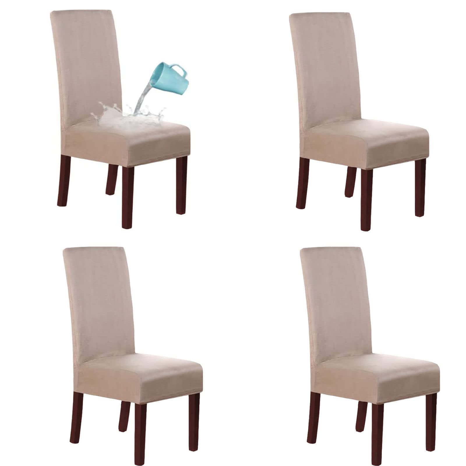 Waterproof Stretch Suede Dining Chair Covers - Removable Washable Kitchen Chair Protector for Hotel, Restaurant & Home Use - Set of 4 - Khaki Color - Perfect for Daily Dining, Parties & Pet Protection