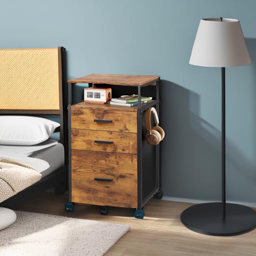 DEVAISE Rolling File Cabinet with Storage Drawers - Adjustable Shelves Wooden Printer Stand for Home Office - Rustic Brown Filing Cabinet | Perfect for Organizing Documents, Office Supplies & Printer Equipment in Small Spaces