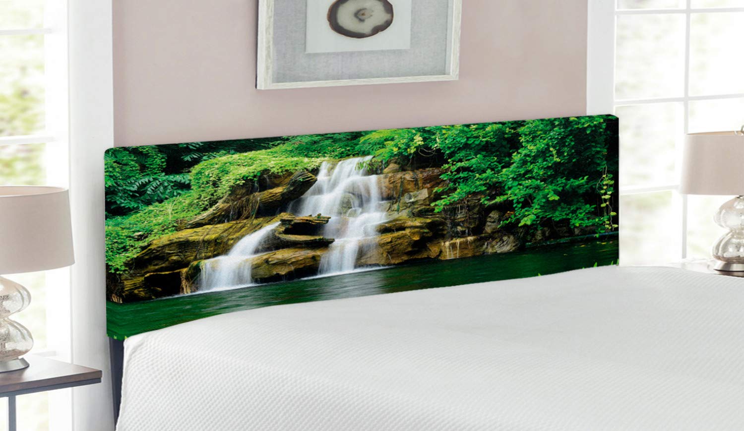 Ambesonne Waterfall Headboard - Queen Size Upholstered Decorative Metal Bed Frame with Memory Foam, Double Waterfalls & Natural Lake Garden Print in Green | Perfect for Bedroom Decor, Guest Rooms & Cozy Retreats