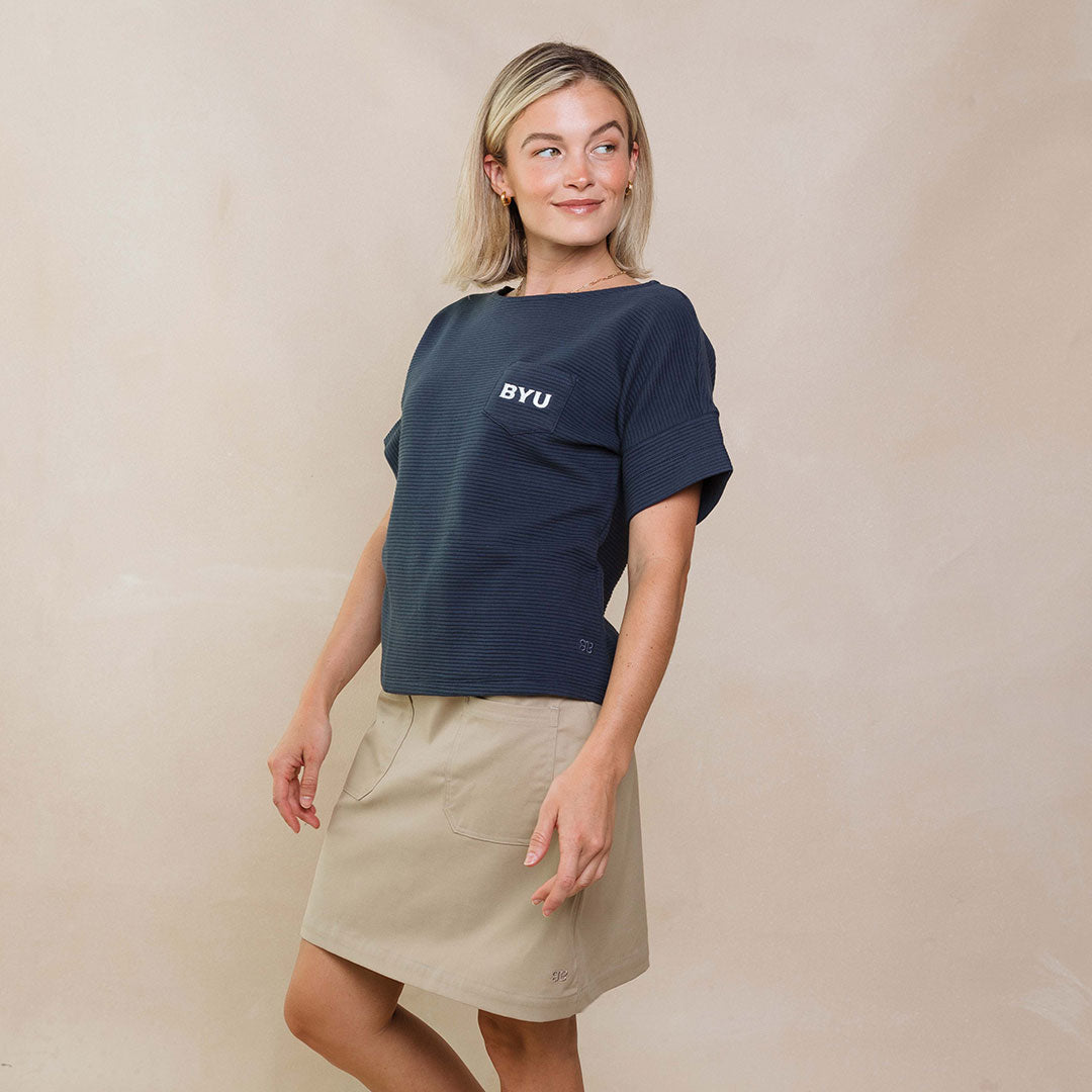 BYU Atlas Ribbed Blouse for Women - Navy Blue Stretch Knit Top - Perfect for Office Wear, Casual Outfits & Date Nights