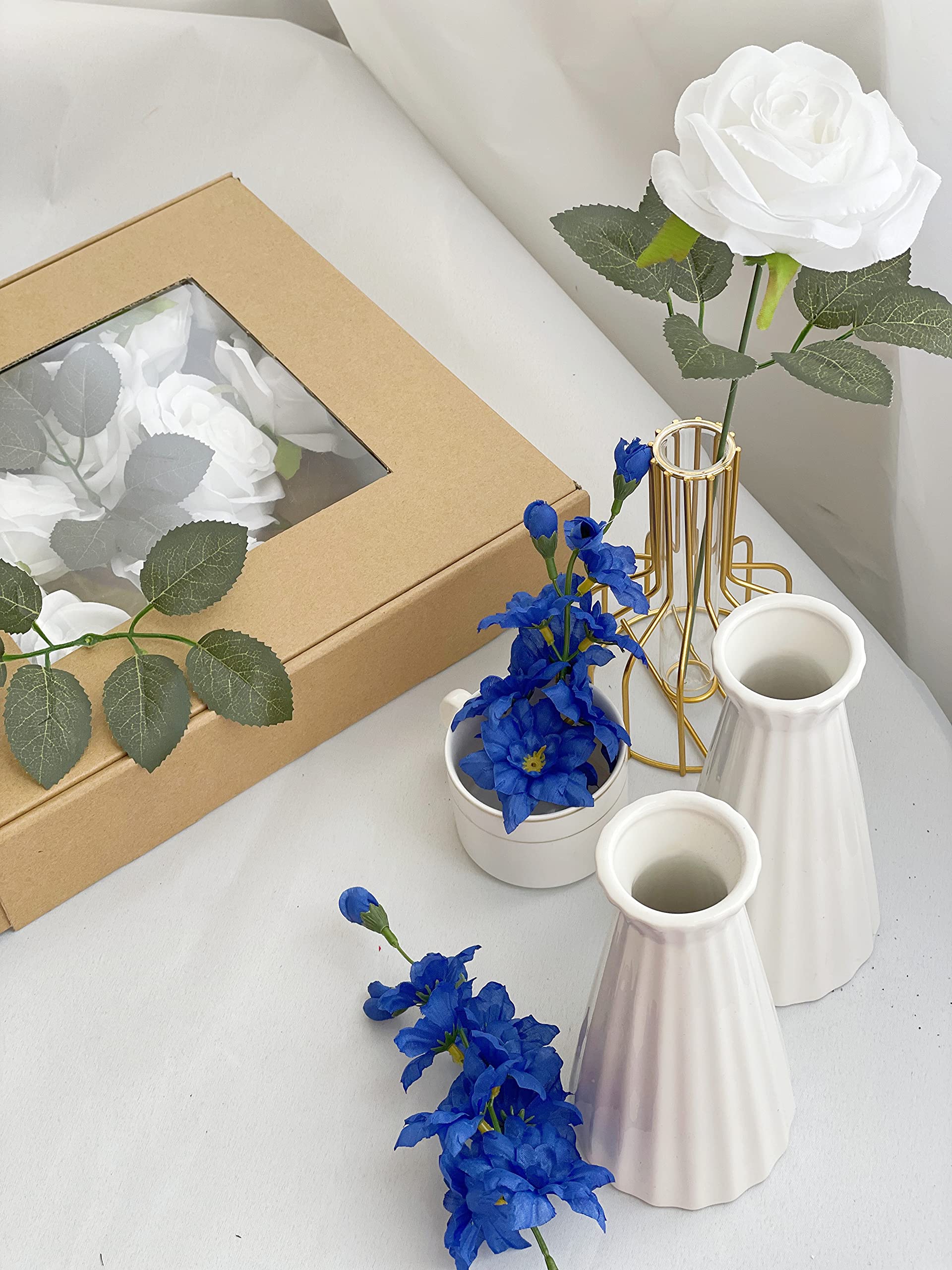 25PCS Real Touch Silk Rose Artificial Flowers with Stem - White Faux Roses in Gift Box for Wedding, Party, Floral Arrangements & Table Decorations | Perfect for Centerpieces, Bridal Bouquets, Home Decor and Event Styling